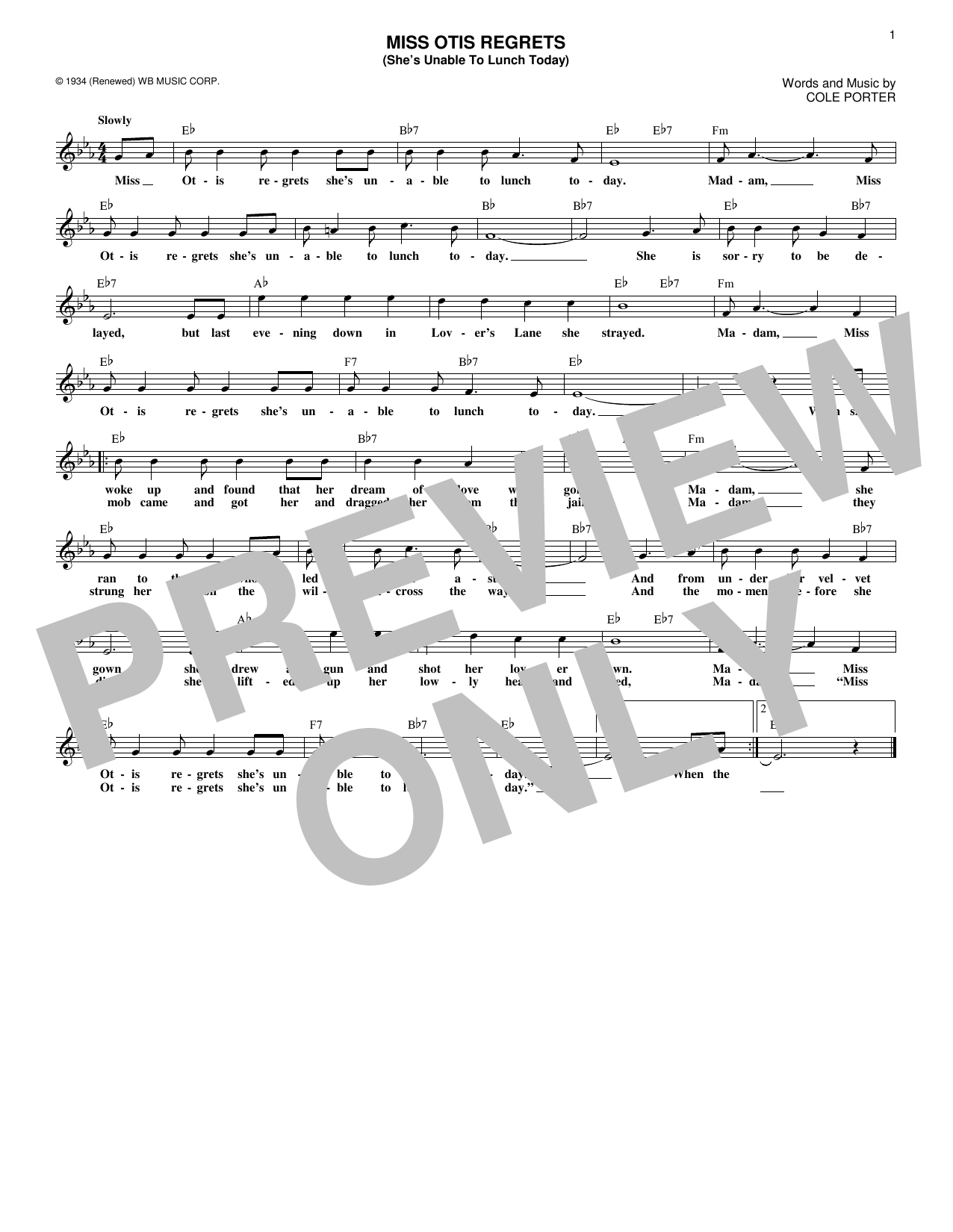 Ella Fitzgerald Miss Otis Regrets (She's Unable To Lunch Today) sheet music notes and chords arranged for Real Book – Melody & Chords
