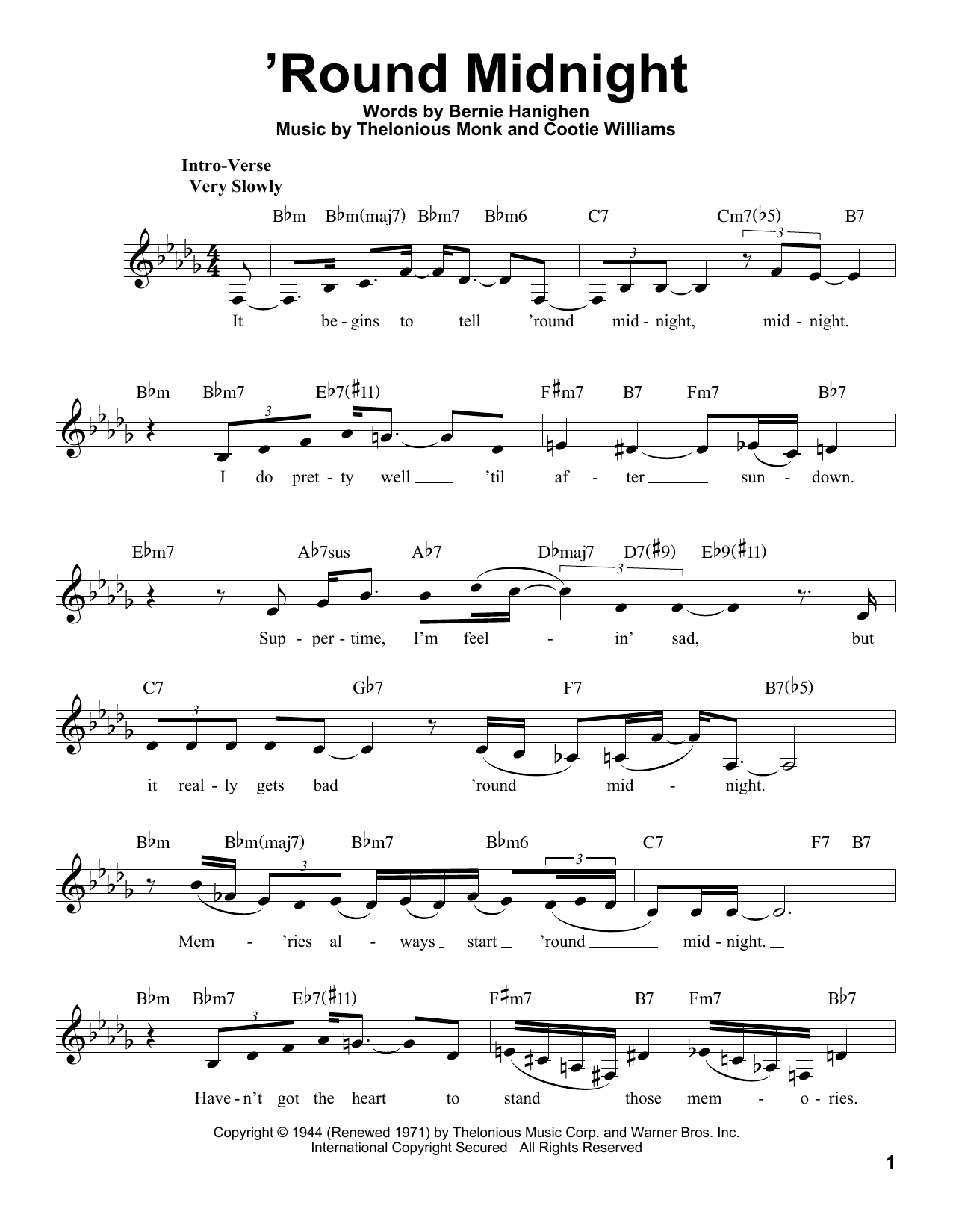 Ella Fitzgerald 'Round Midnight sheet music notes and chords arranged for Pro Vocal