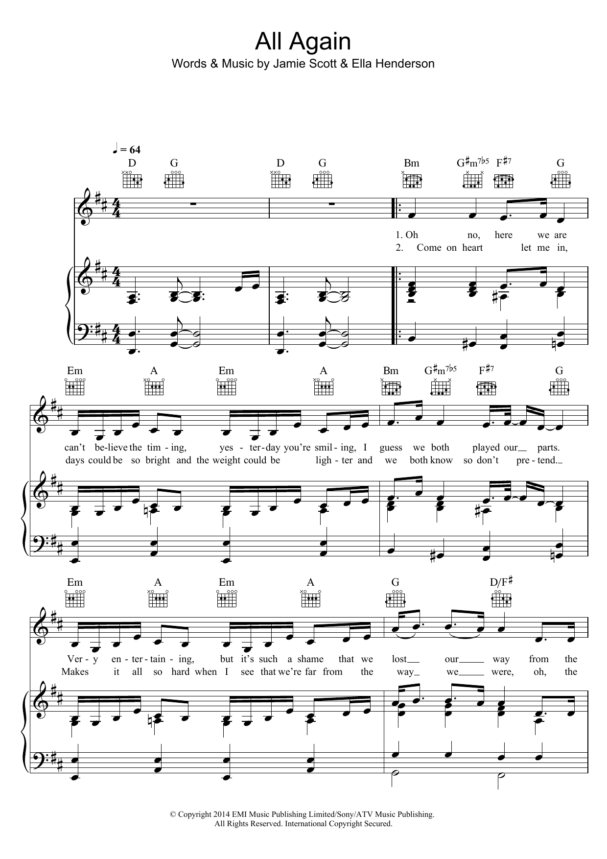 Ella Henderson All Again sheet music notes and chords arranged for Piano, Vocal & Guitar Chords