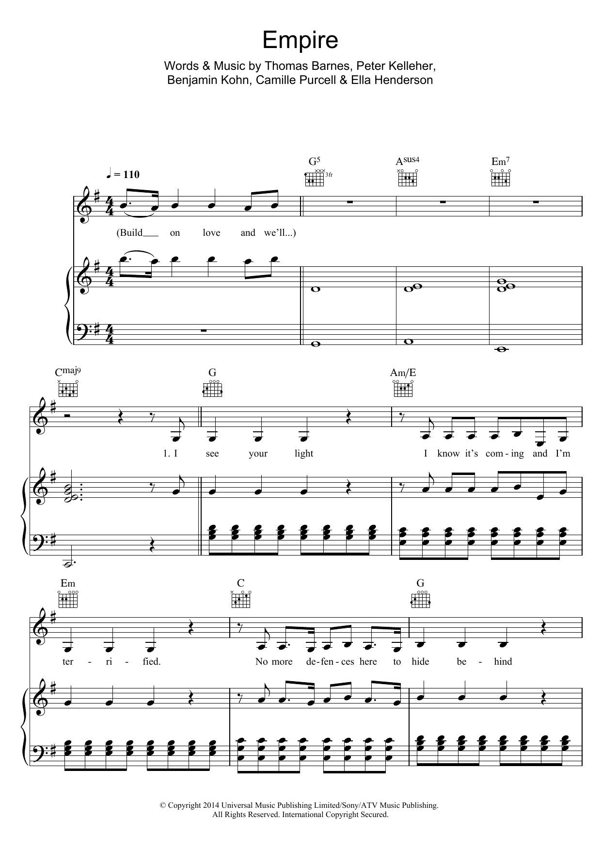 Ella Henderson Empire sheet music notes and chords arranged for Piano, Vocal & Guitar Chords