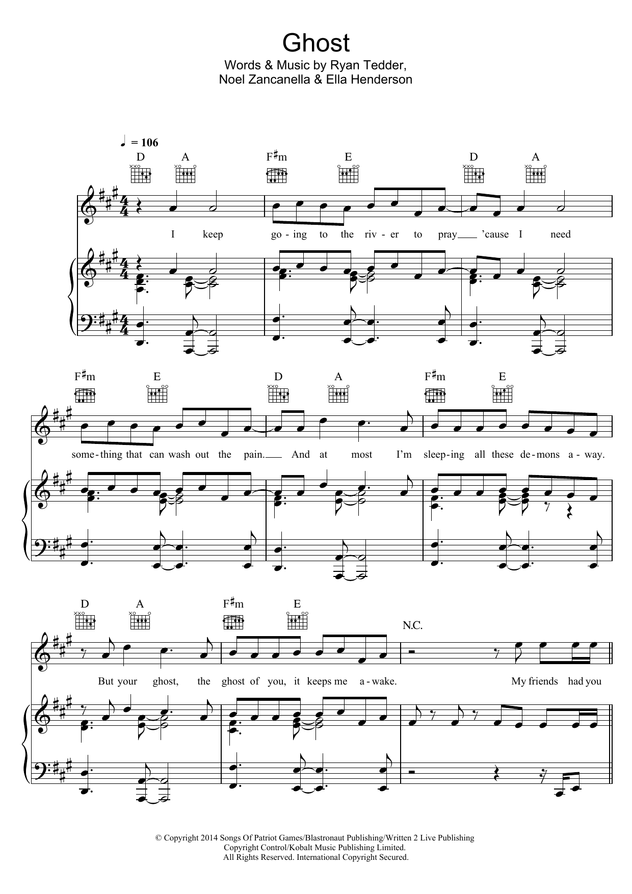 Ella Henderson Ghost sheet music notes and chords arranged for Piano, Vocal & Guitar Chords
