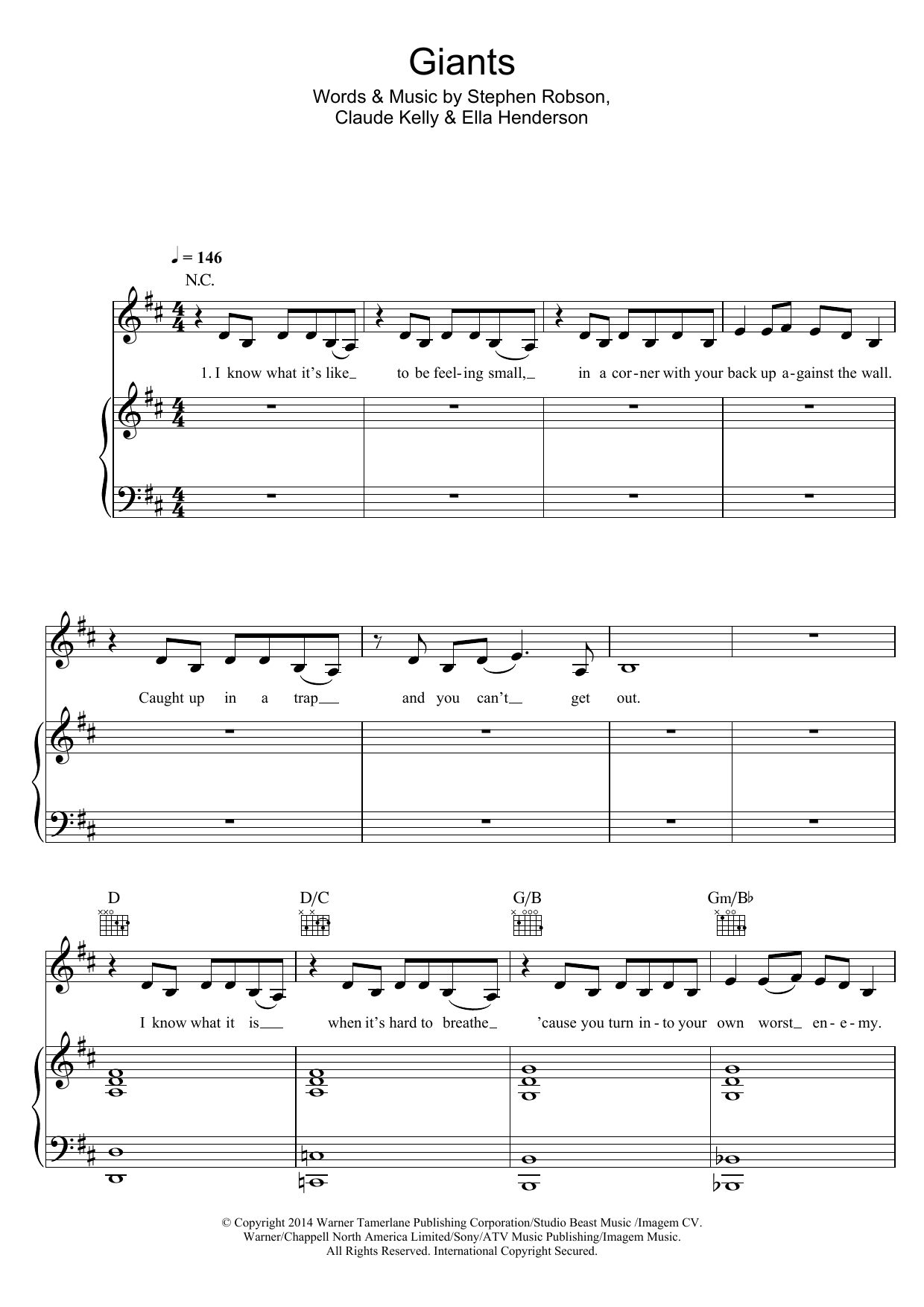 Ella Henderson Giants sheet music notes and chords arranged for Piano, Vocal & Guitar Chords