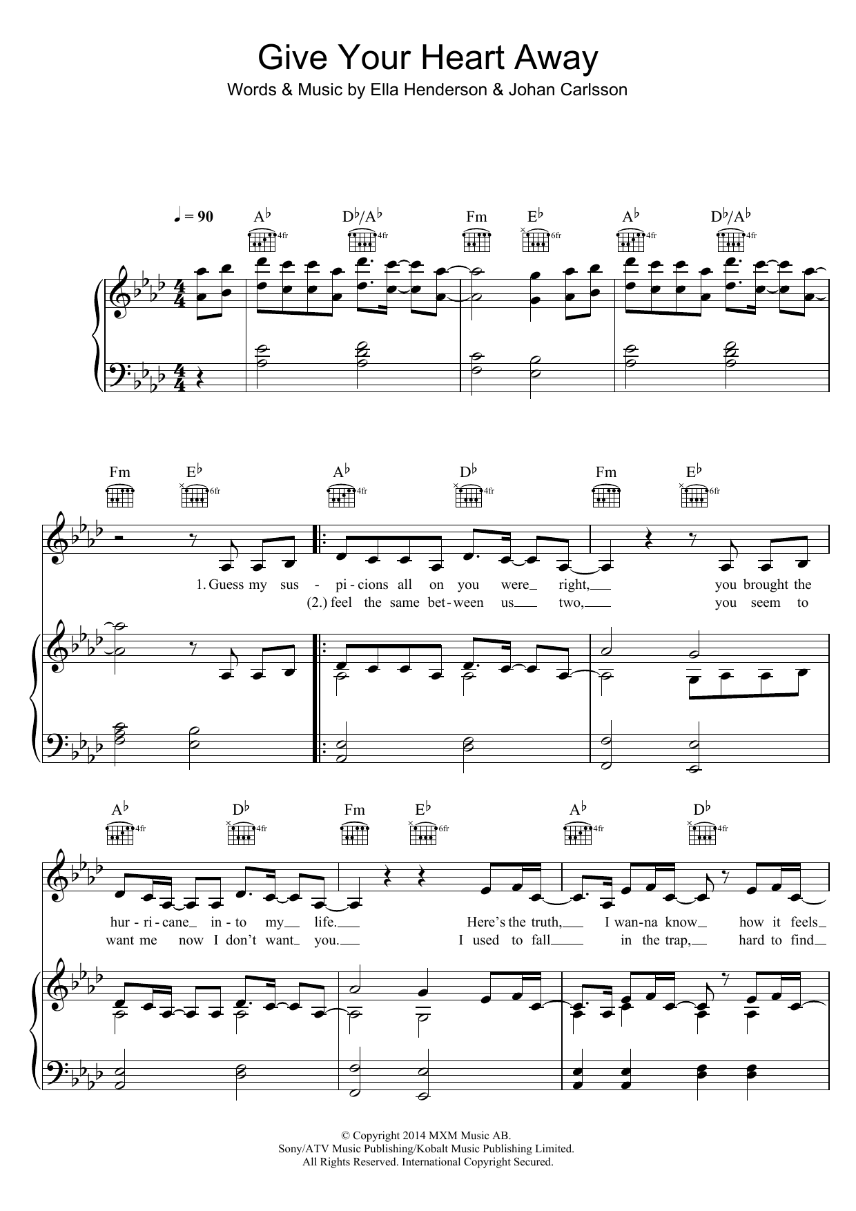Ella Henderson Give Your Heart Away sheet music notes and chords arranged for Piano, Vocal & Guitar Chords