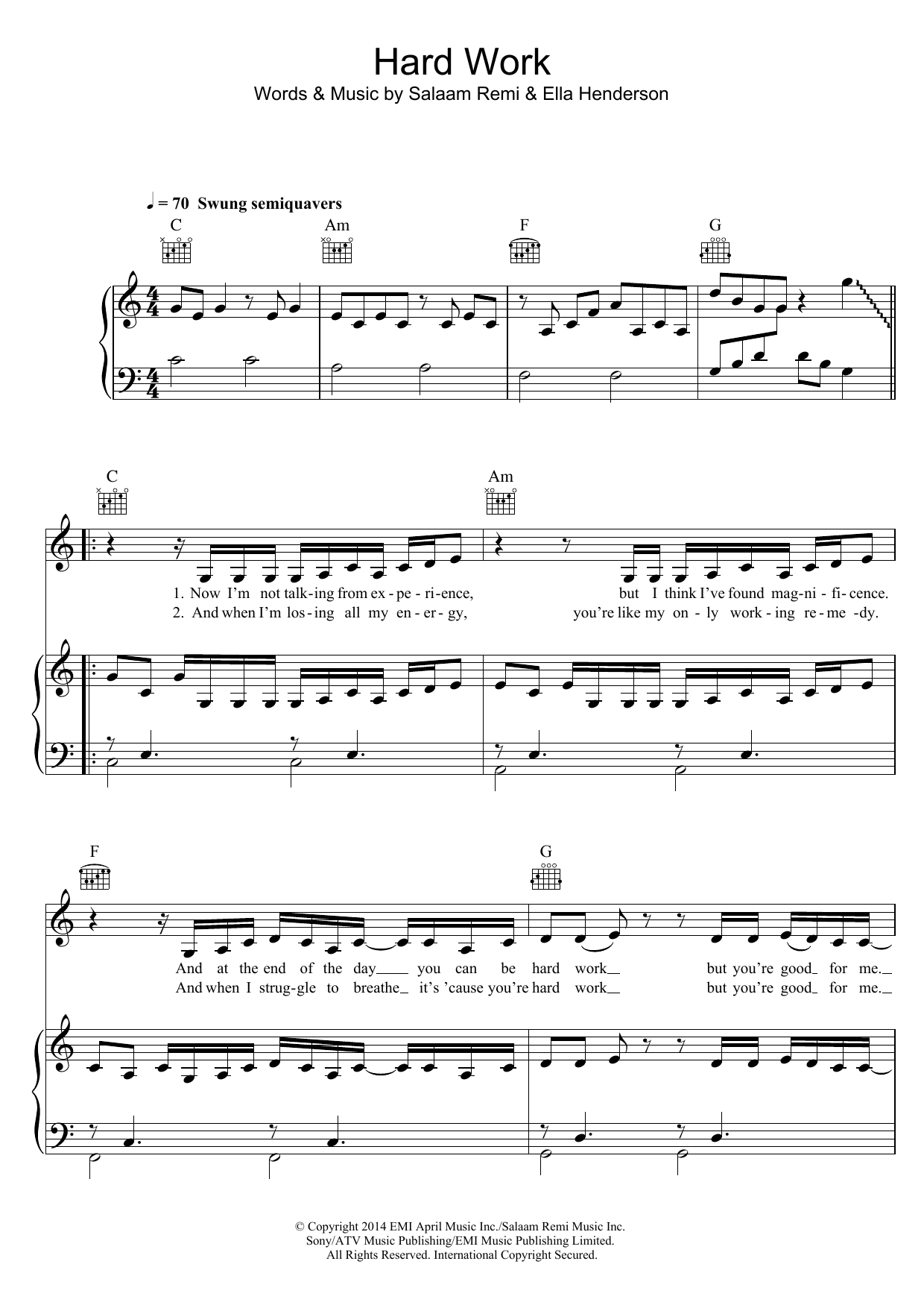Ella Henderson Hard Work sheet music notes and chords arranged for Piano, Vocal & Guitar Chords