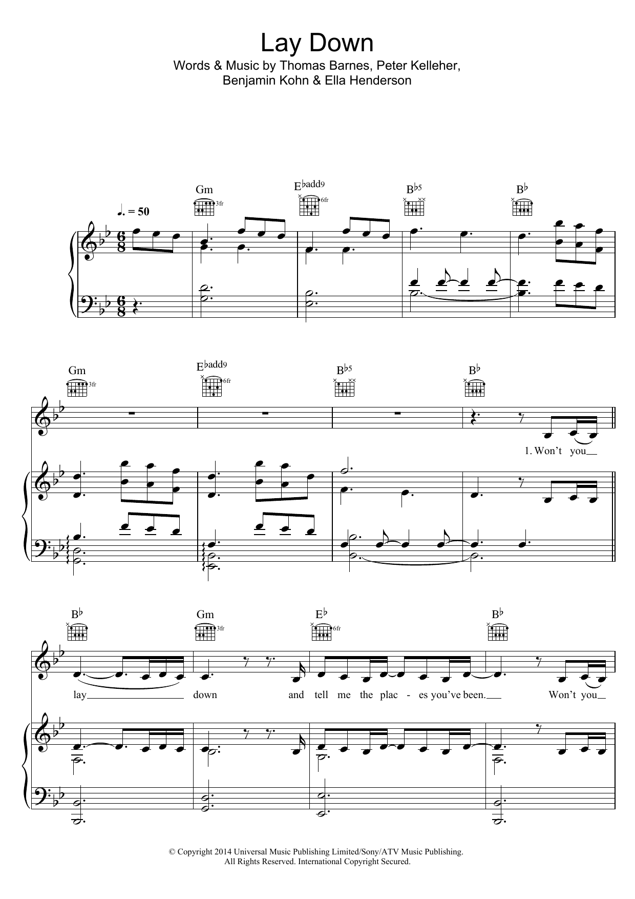 Ella Henderson Lay Down sheet music notes and chords arranged for Piano, Vocal & Guitar Chords