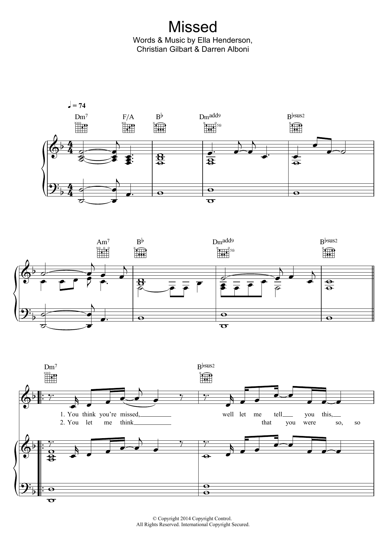 Ella Henderson Missed sheet music notes and chords arranged for Piano, Vocal & Guitar Chords