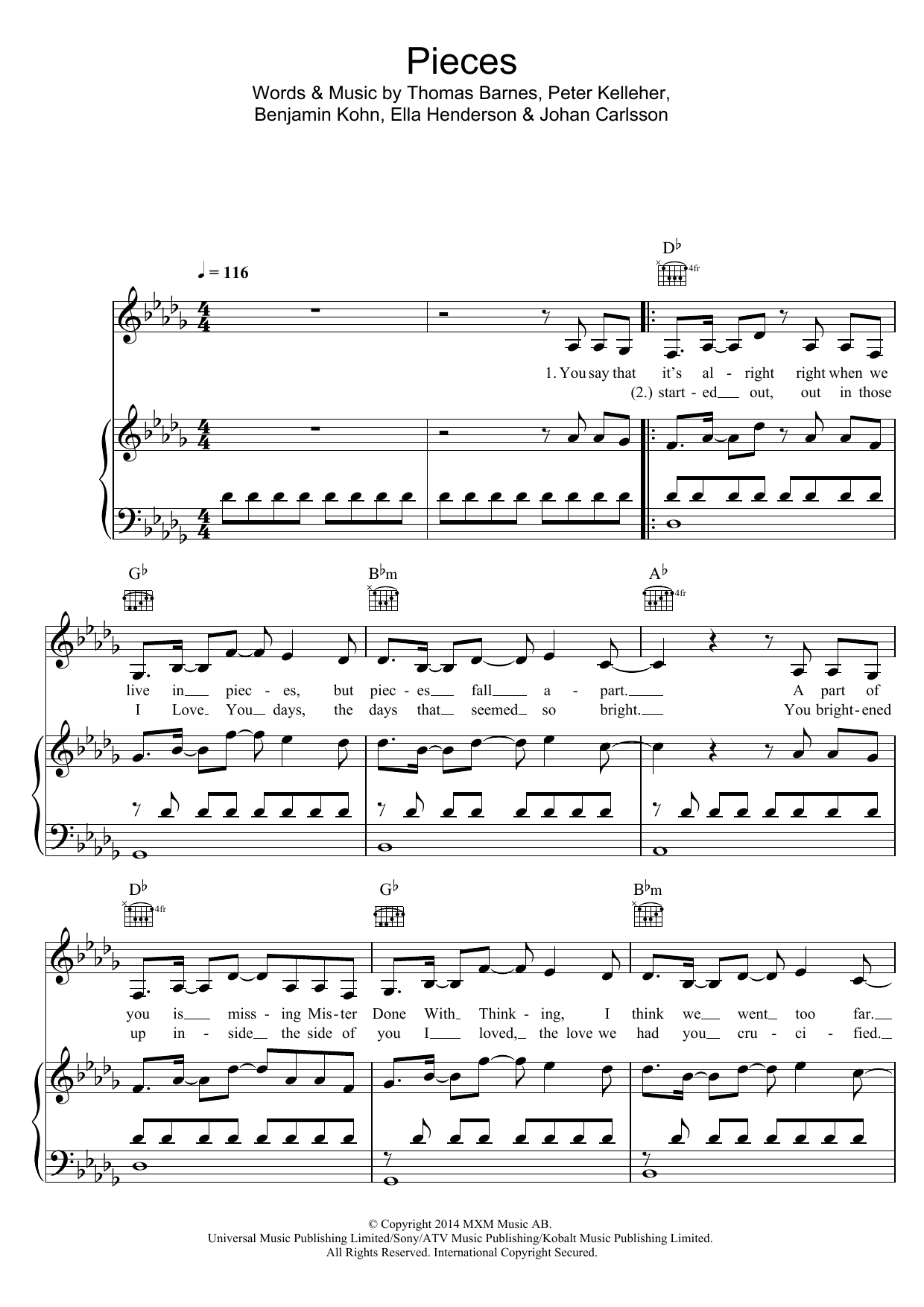Ella Henderson Pieces sheet music notes and chords arranged for Piano, Vocal & Guitar Chords