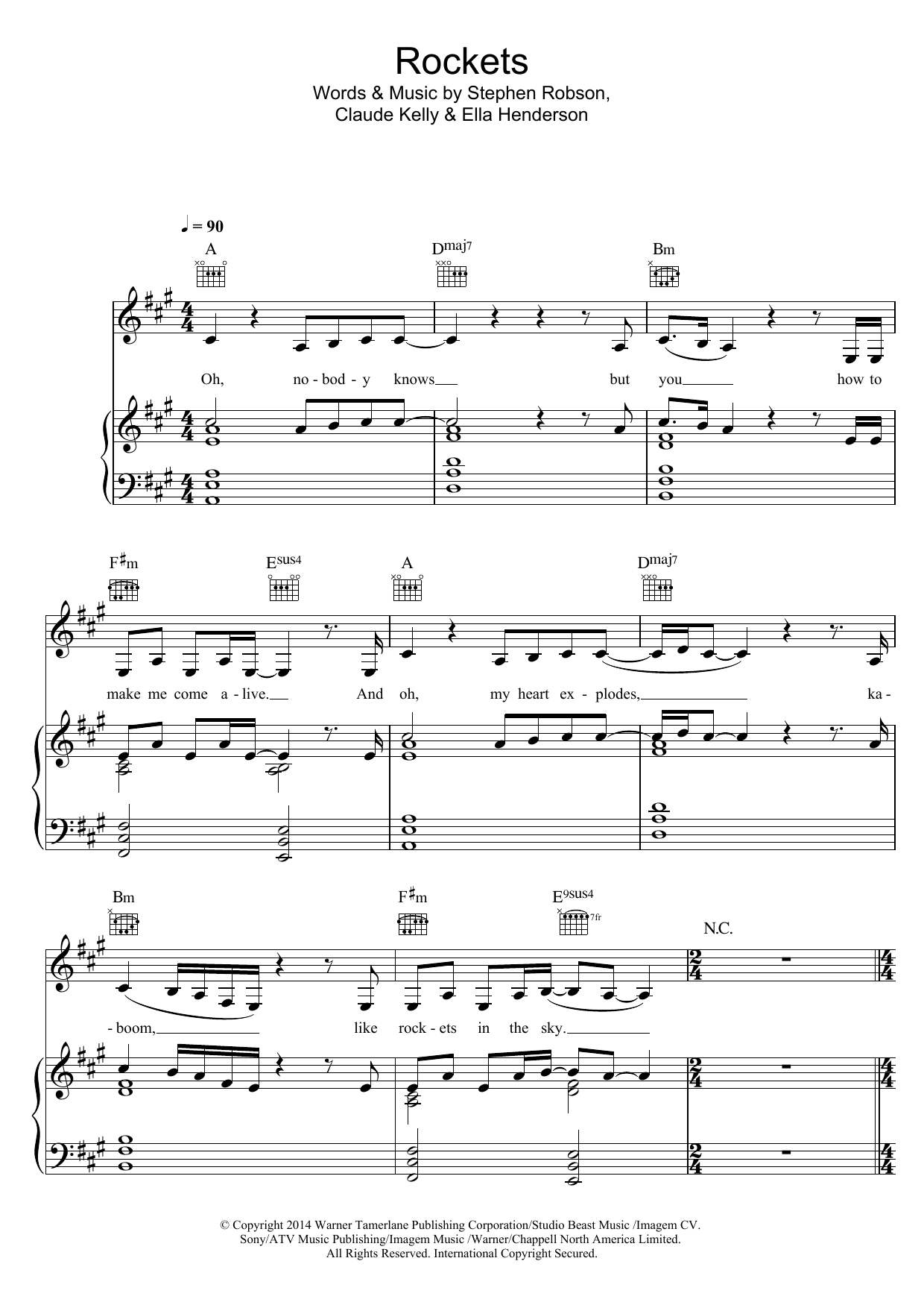 Ella Henderson Rockets sheet music notes and chords arranged for Piano, Vocal & Guitar Chords