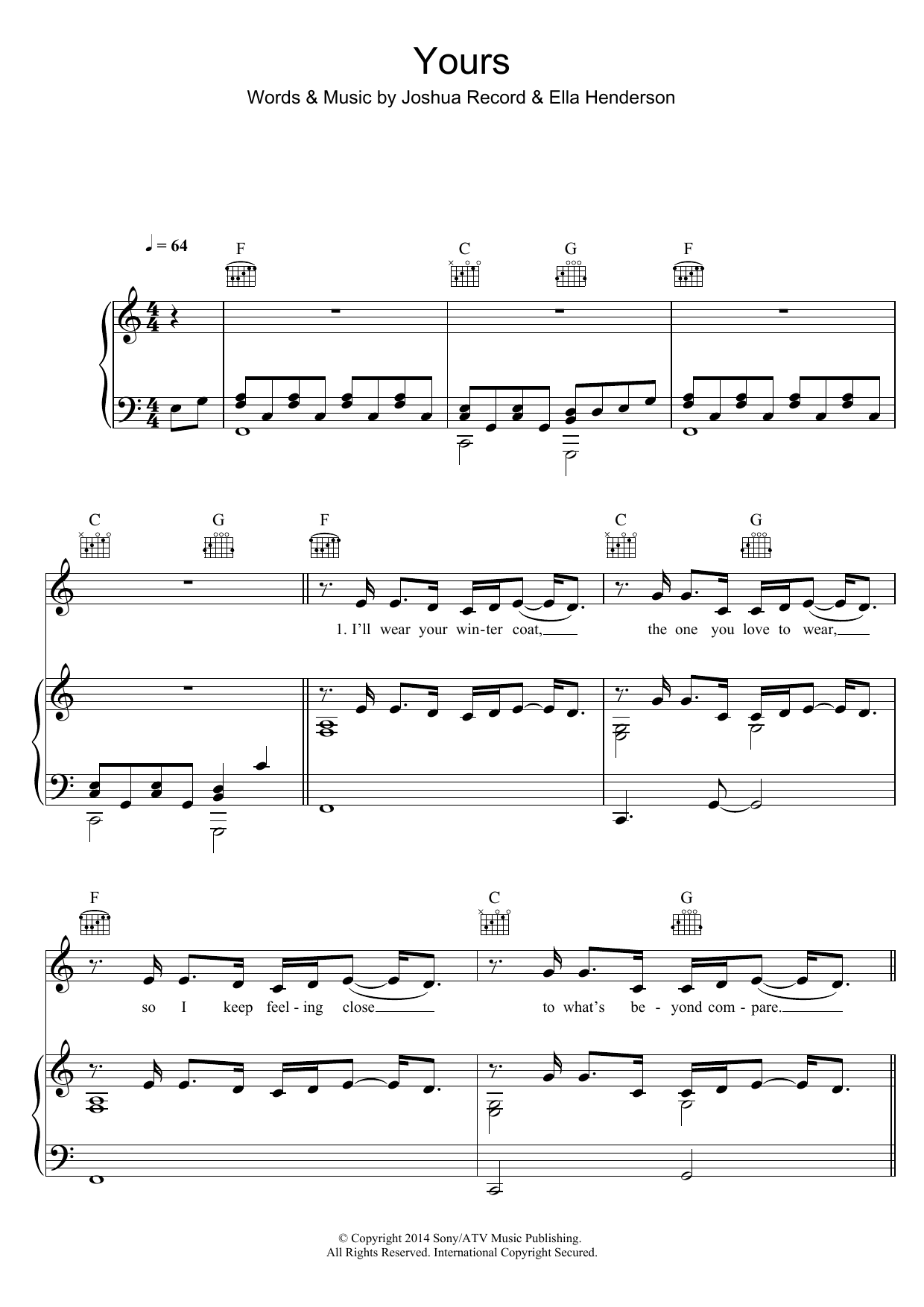 Ella Henderson Yours sheet music notes and chords arranged for Piano, Vocal & Guitar Chords (Right-Hand Melody)