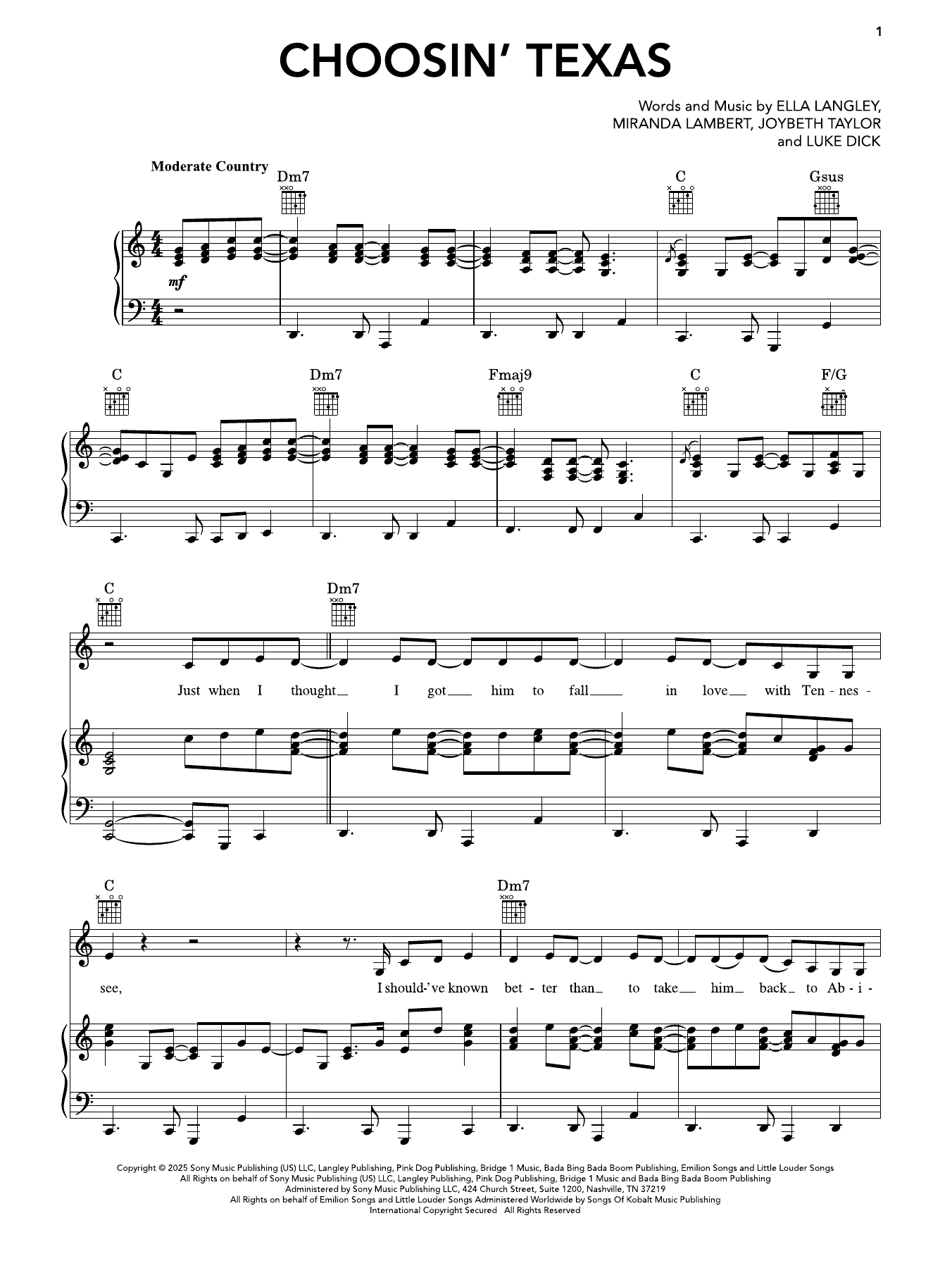 Ella Langley Choosin' Texas sheet music notes and chords arranged for Super Easy Piano