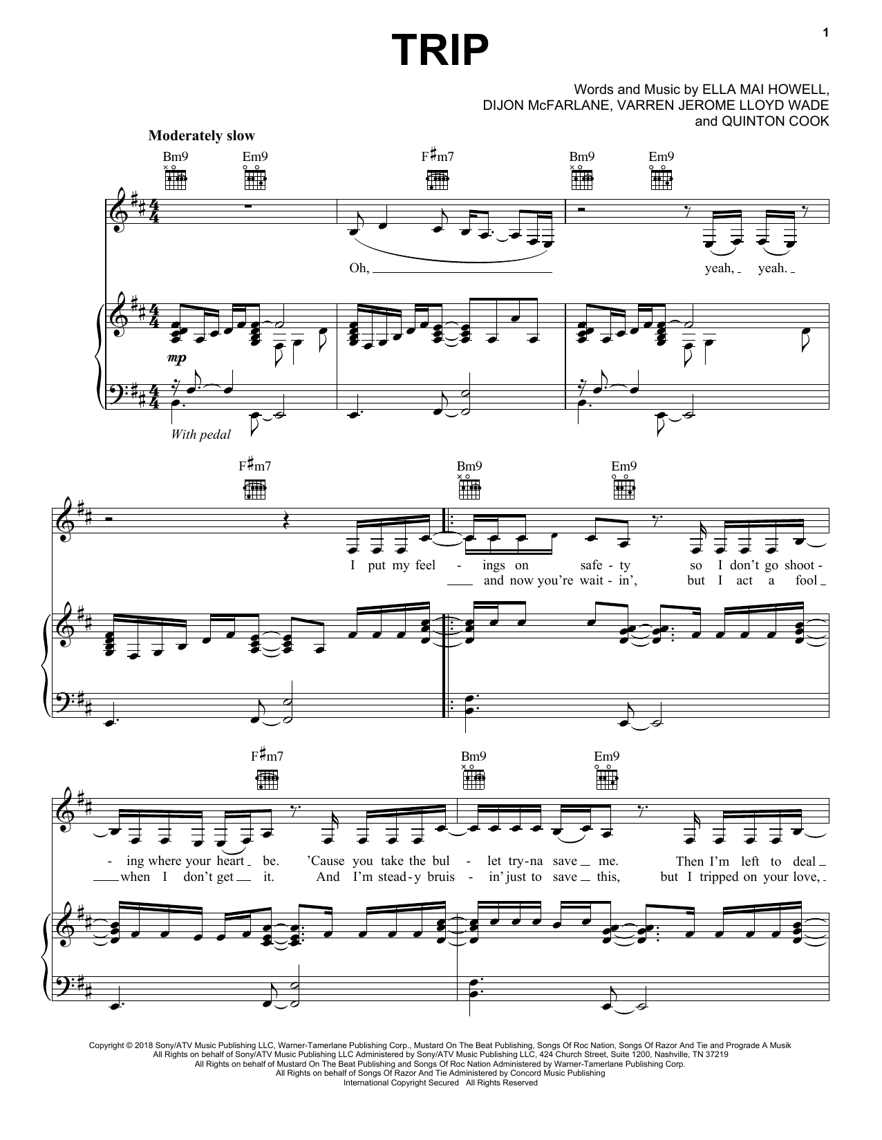 Ella Mai Trip sheet music notes and chords arranged for Piano, Vocal & Guitar Chords (Right-Hand Melody)