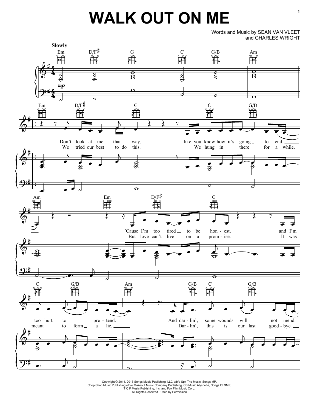 Elle Dallas featuring Courtney Love Walk Out On Me sheet music notes and chords arranged for Piano, Vocal & Guitar Chords (Right-Hand Melody)