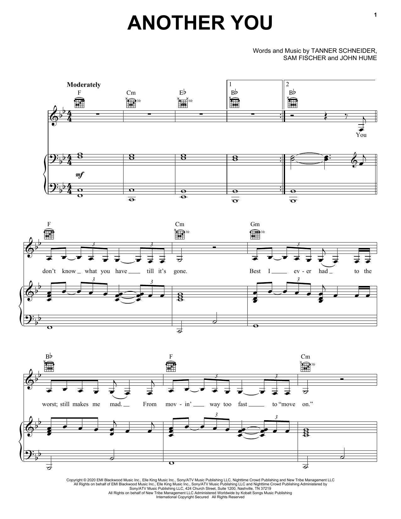 Elle King Another You sheet music notes and chords arranged for Piano, Vocal & Guitar Chords (Right-Hand Melody)