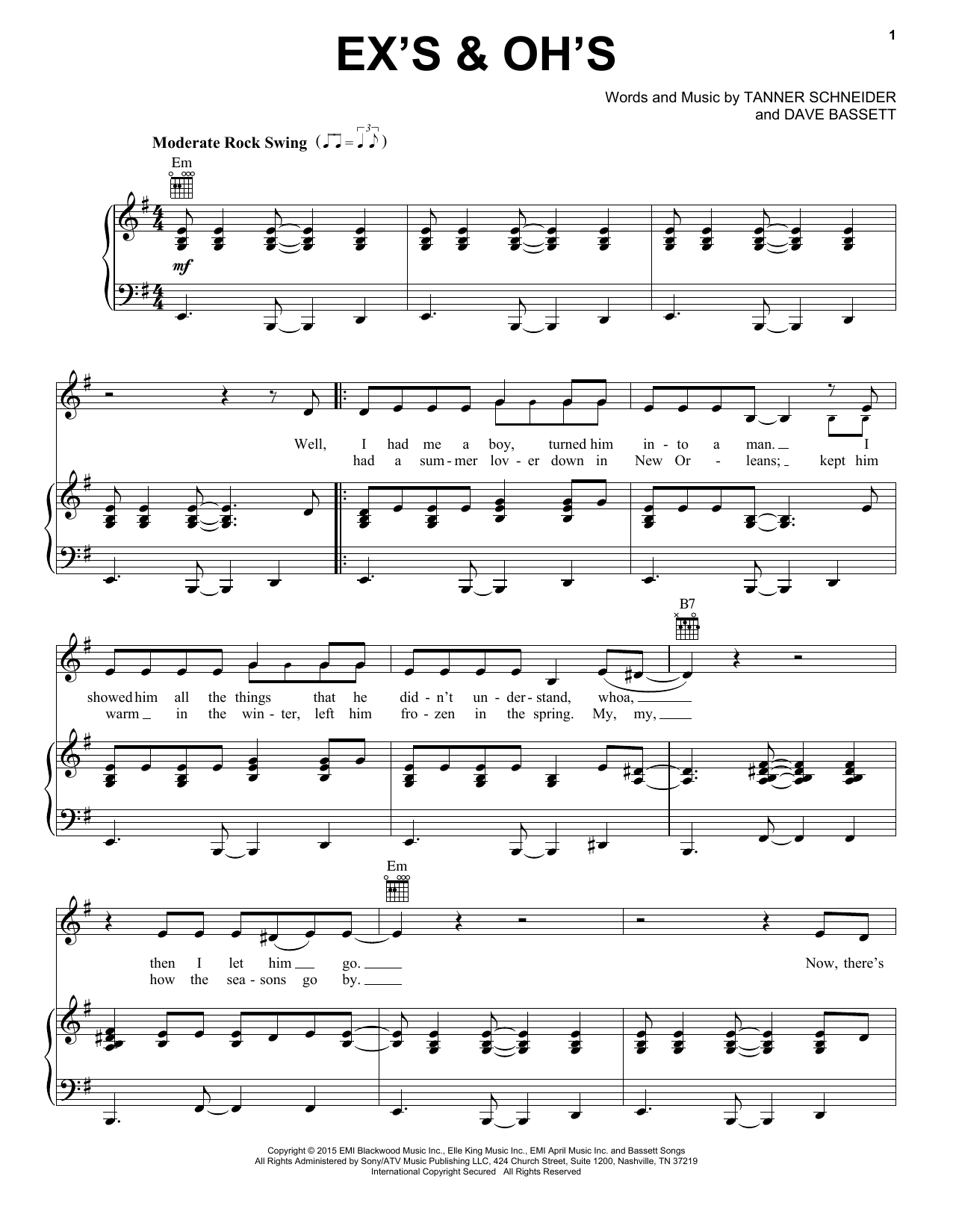 Elle King Ex's & Oh's sheet music notes and chords arranged for Piano, Vocal & Guitar Chords (Right-Hand Melody)