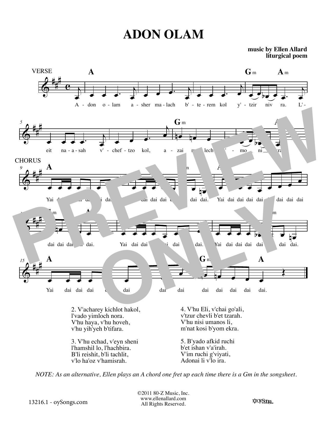 Ellen Allard Adon Olam sheet music notes and chords arranged for Lead Sheet / Fake Book