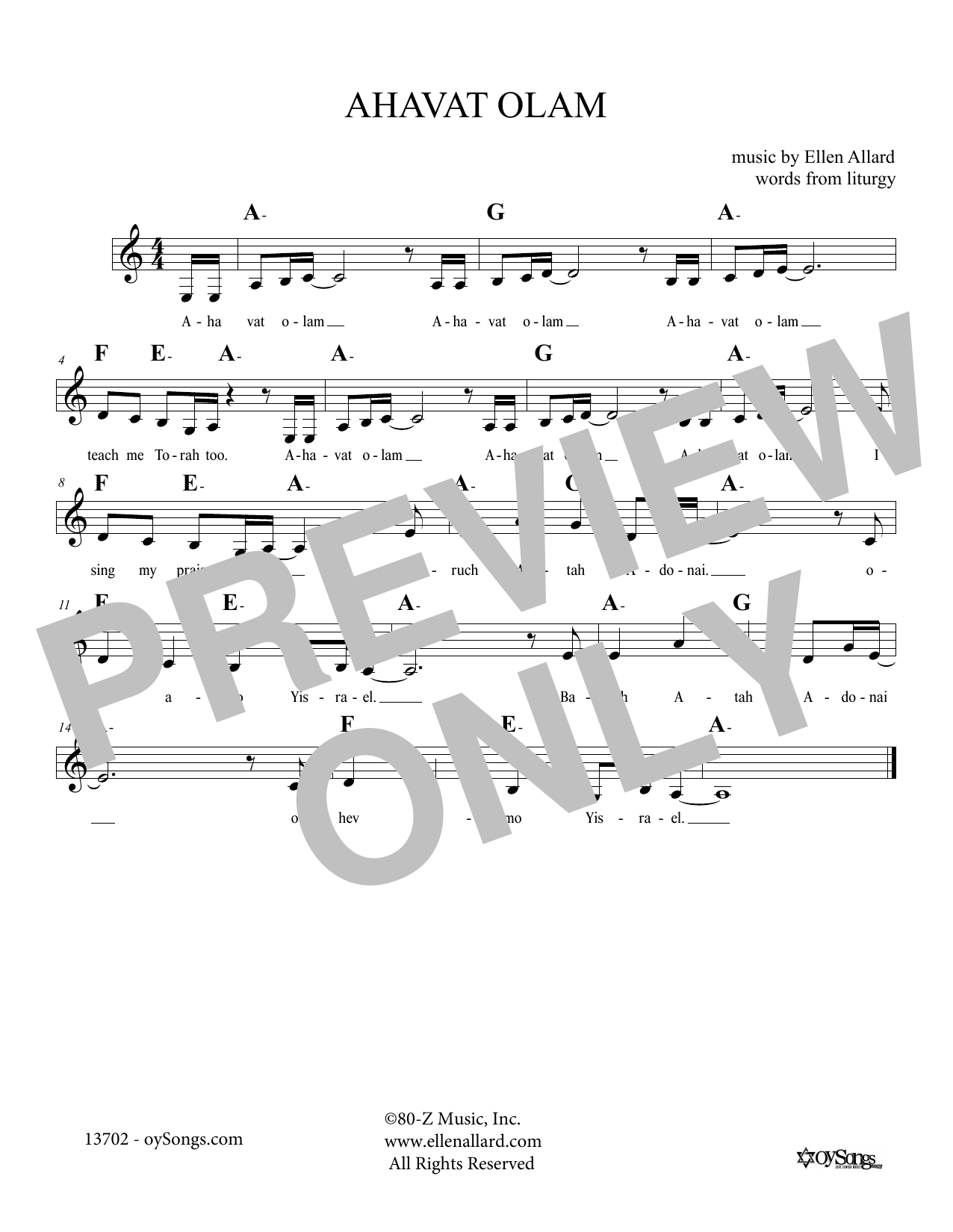 Ellen Allard Ahavat Olam sheet music notes and chords arranged for Lead Sheet / Fake Book