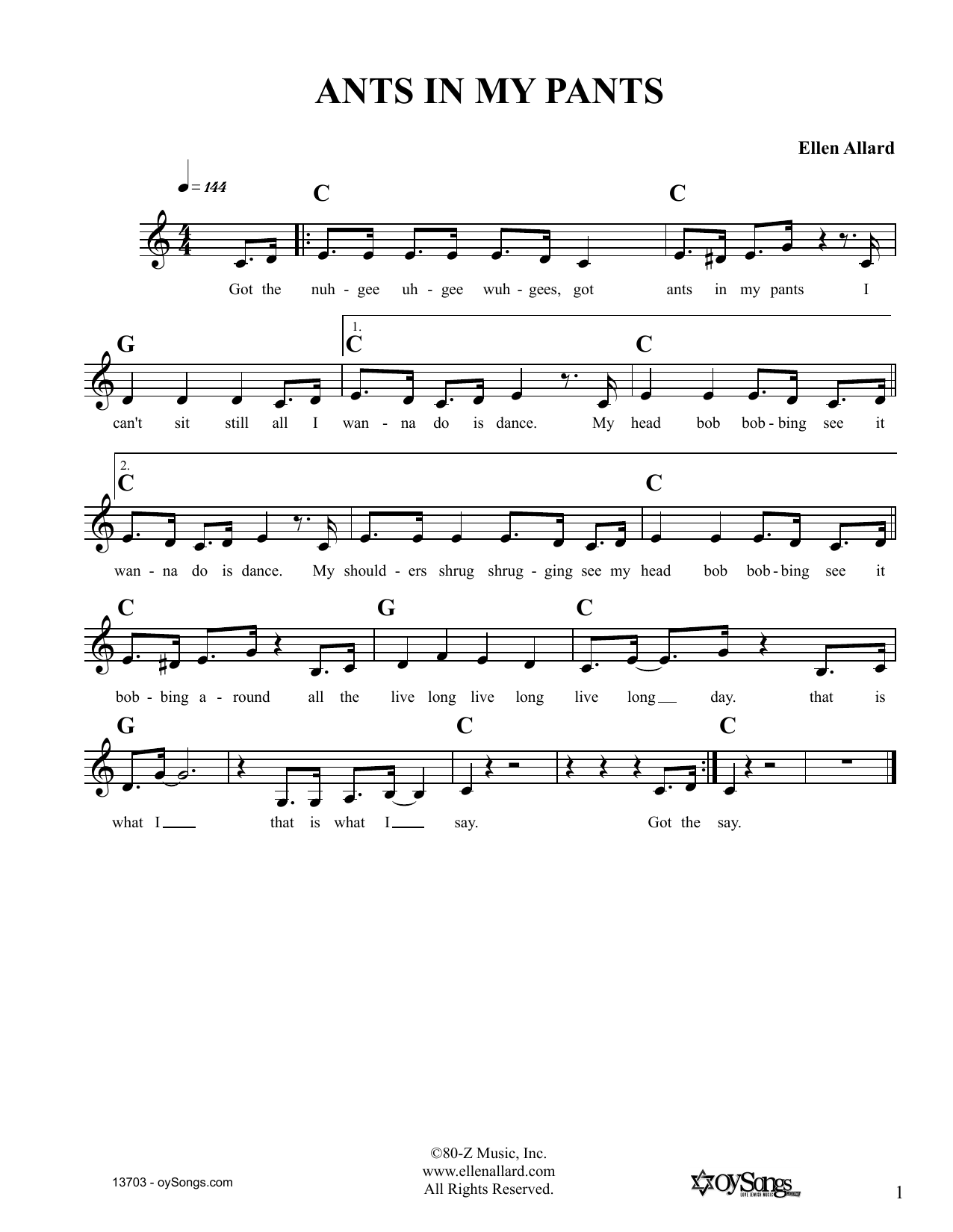Ellen Allard Ants In My Pants sheet music notes and chords arranged for Lead Sheet / Fake Book
