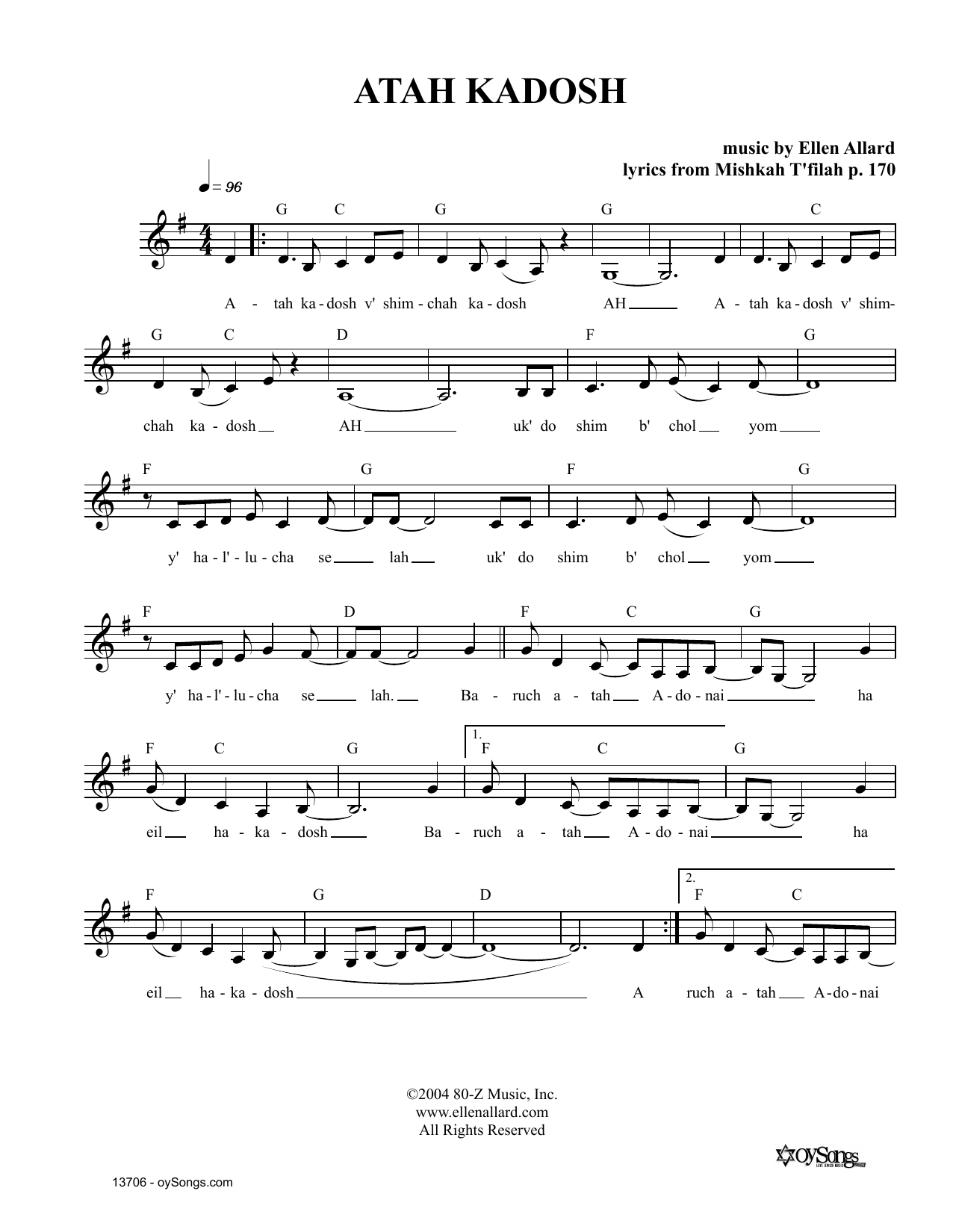 Ellen Allard Atah Kadosh sheet music notes and chords arranged for Lead Sheet / Fake Book