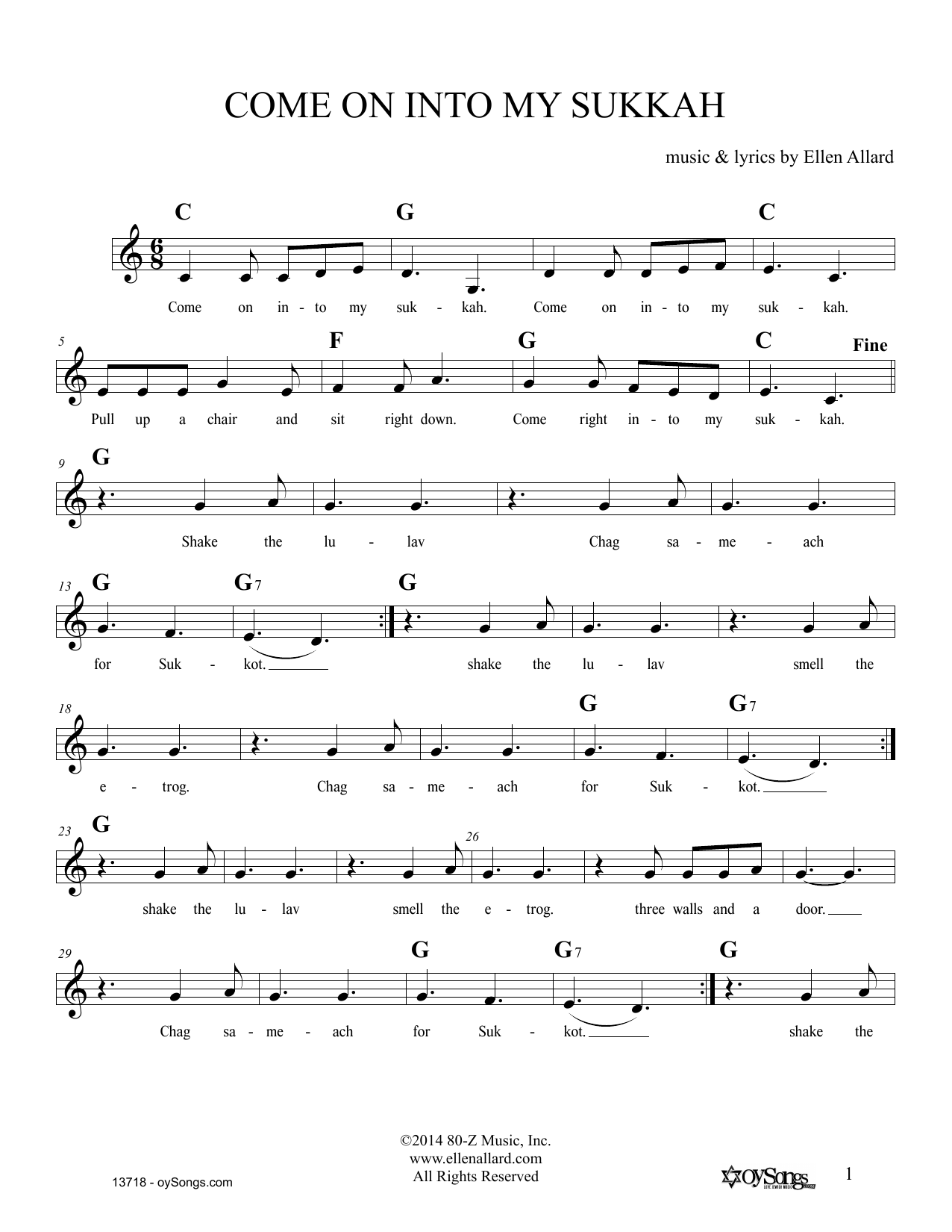 Ellen Allard Come On Into My Sukkah sheet music notes and chords arranged for Lead Sheet / Fake Book