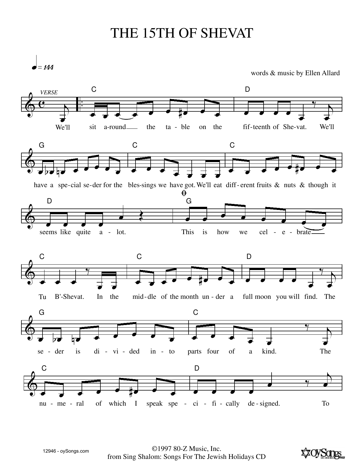 Ellen Allard Fifteenth Of Shevat sheet music notes and chords arranged for Lead Sheet / Fake Book