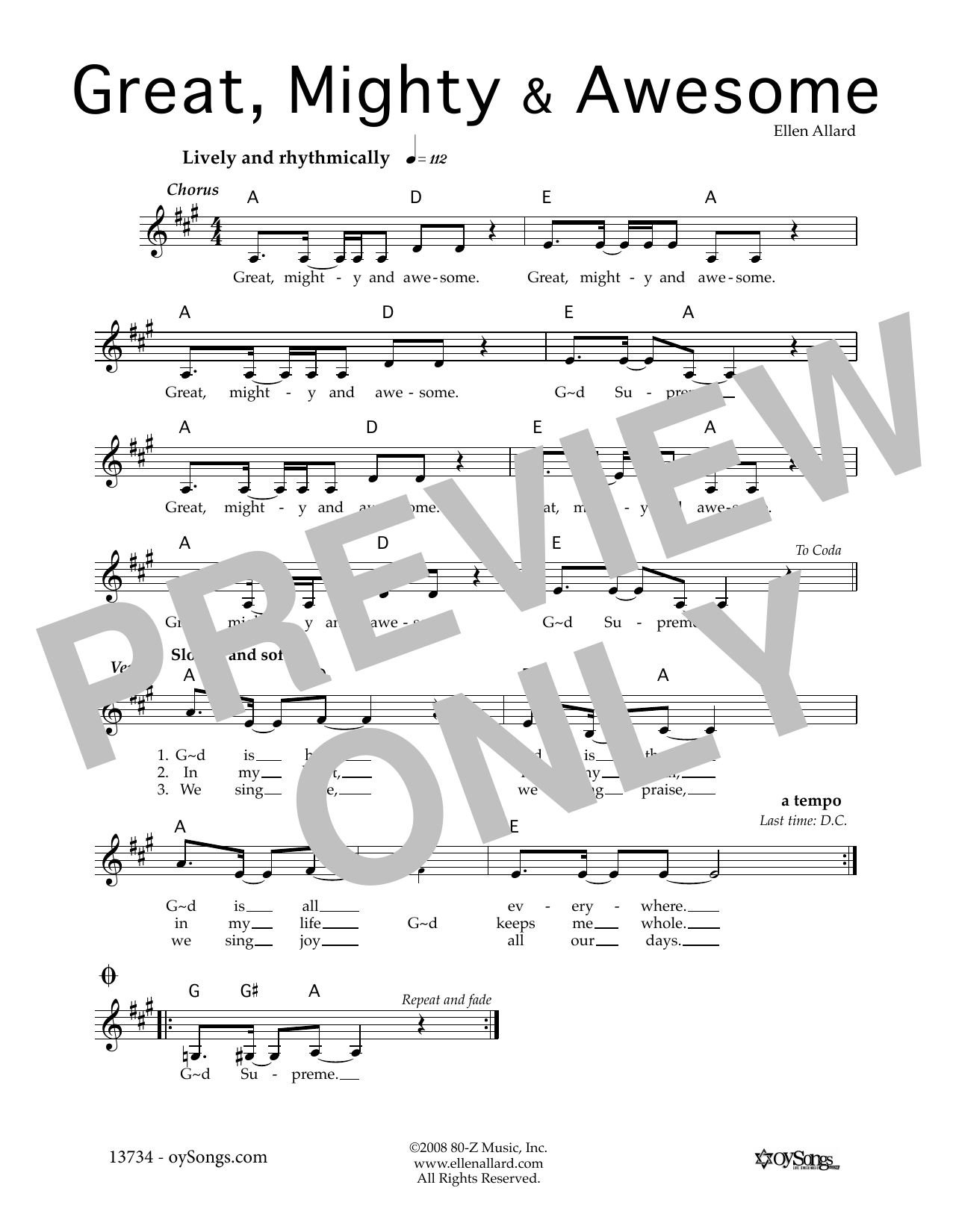 Ellen Allard Great Mighty and Awesome sheet music notes and chords arranged for Lead Sheet / Fake Book