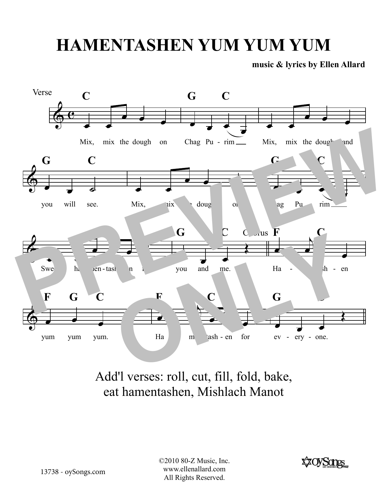 Ellen Allard Hamentashen Yum Yum Yum sheet music notes and chords arranged for Lead Sheet / Fake Book