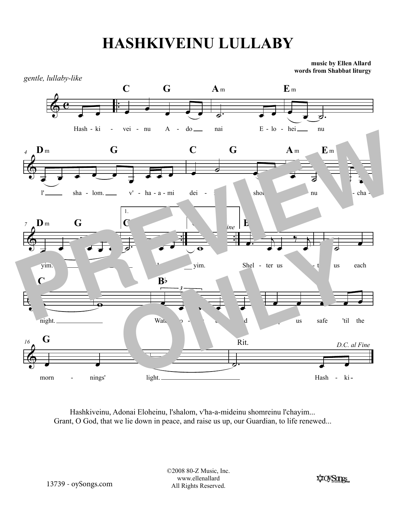 Ellen Allard Hashkiveinu Lullaby sheet music notes and chords arranged for Lead Sheet / Fake Book