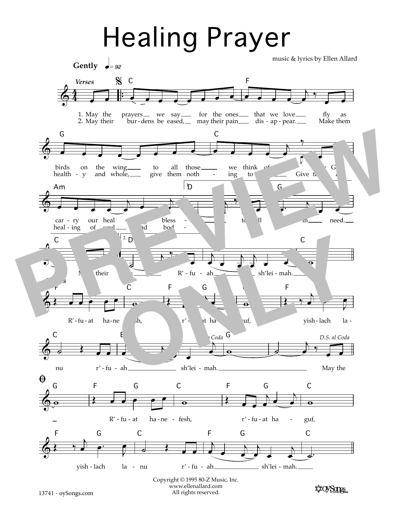 Ellen Allard Healing Prayer sheet music notes and chords arranged for Lead Sheet / Fake Book
