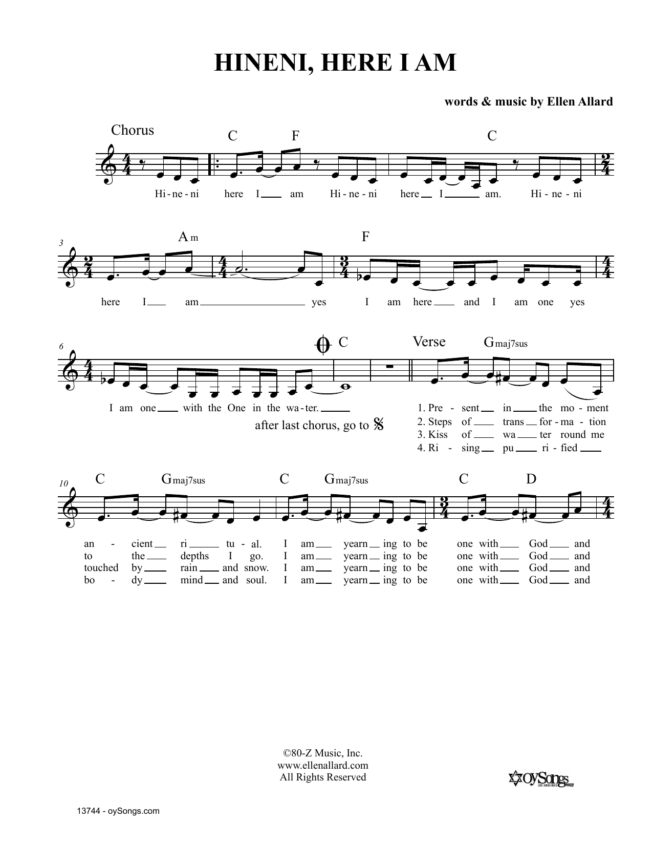 Ellen Allard Hineni Here I Am sheet music notes and chords arranged for Lead Sheet / Fake Book