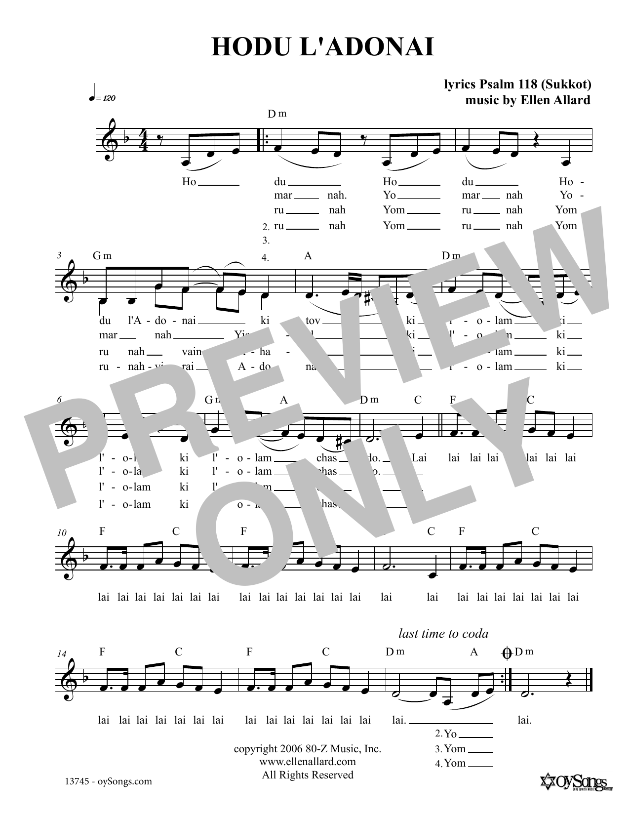 Ellen Allard Hodu L'Adonai sheet music notes and chords arranged for Lead Sheet / Fake Book