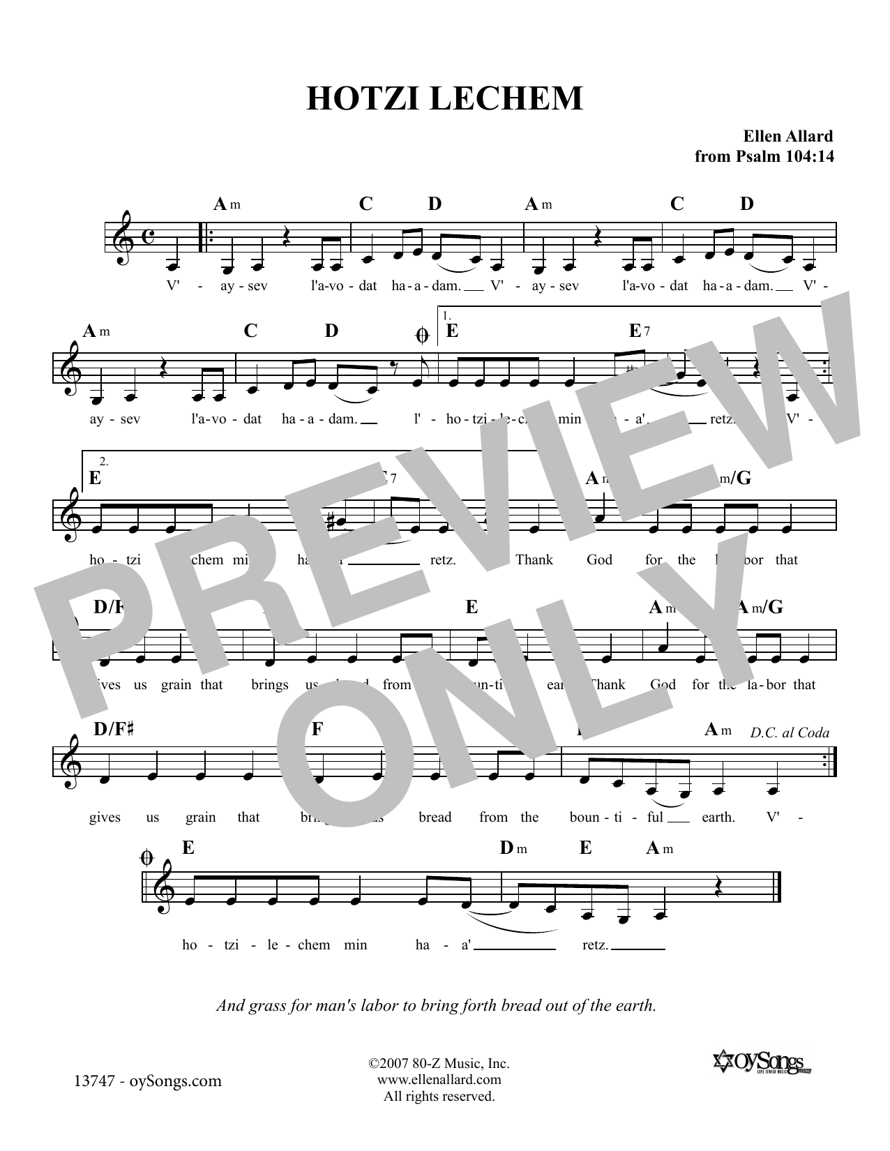 Ellen Allard Hotzi Lechem sheet music notes and chords arranged for Lead Sheet / Fake Book