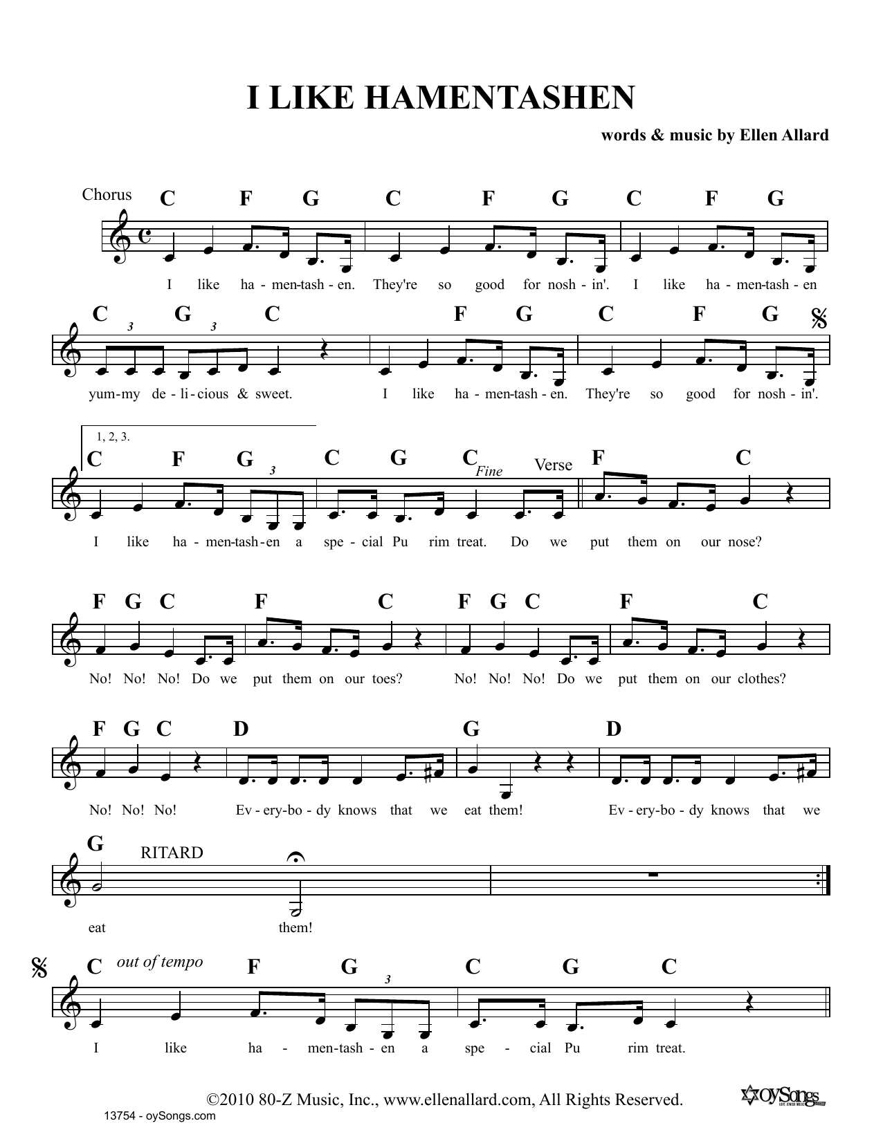 Ellen Allard I Like Hamentashen sheet music notes and chords arranged for Lead Sheet / Fake Book