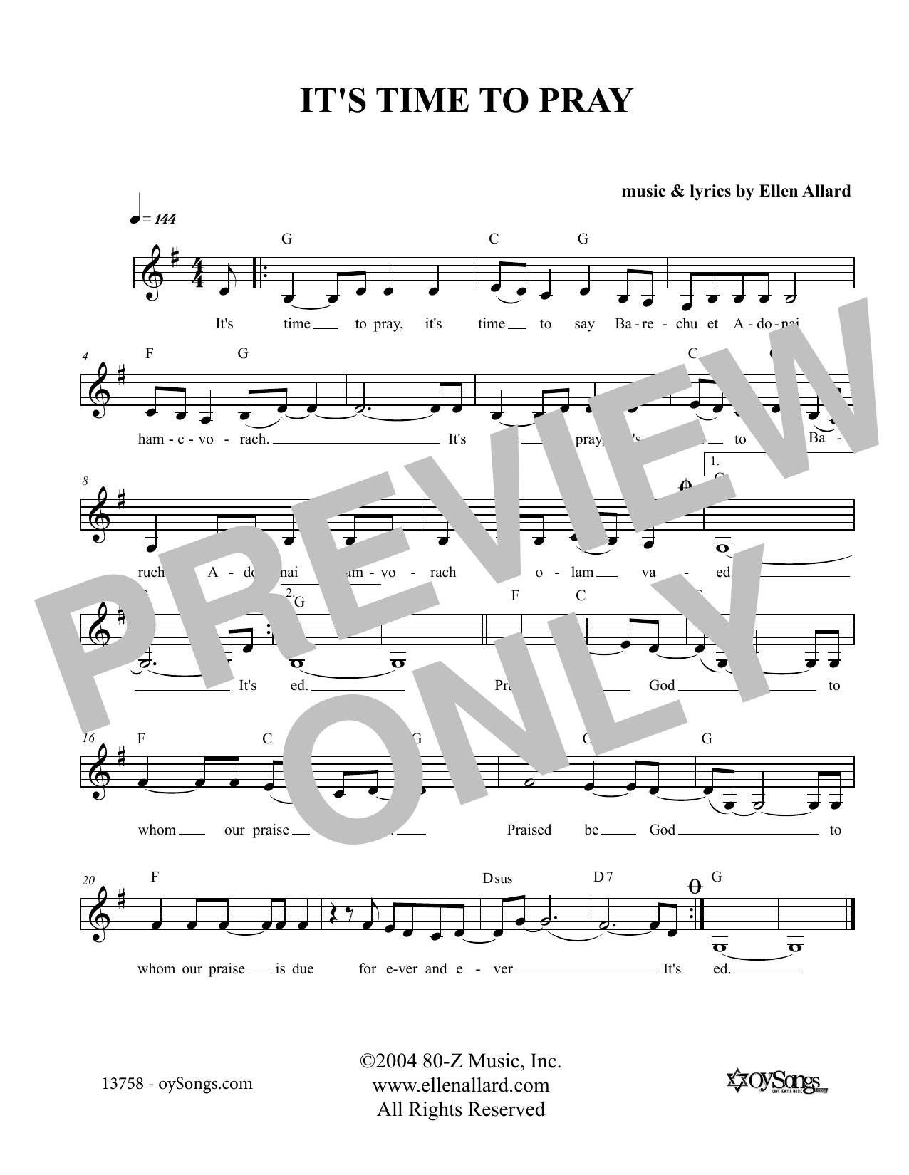 Ellen Allard It's Time To Pray sheet music notes and chords arranged for Lead Sheet / Fake Book