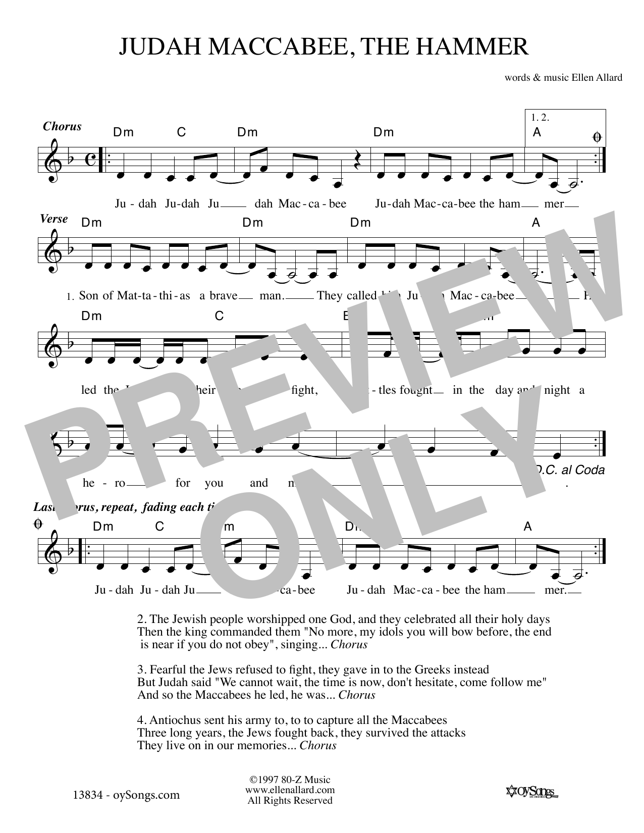 Ellen Allard Judah Macabee sheet music notes and chords arranged for Lead Sheet / Fake Book