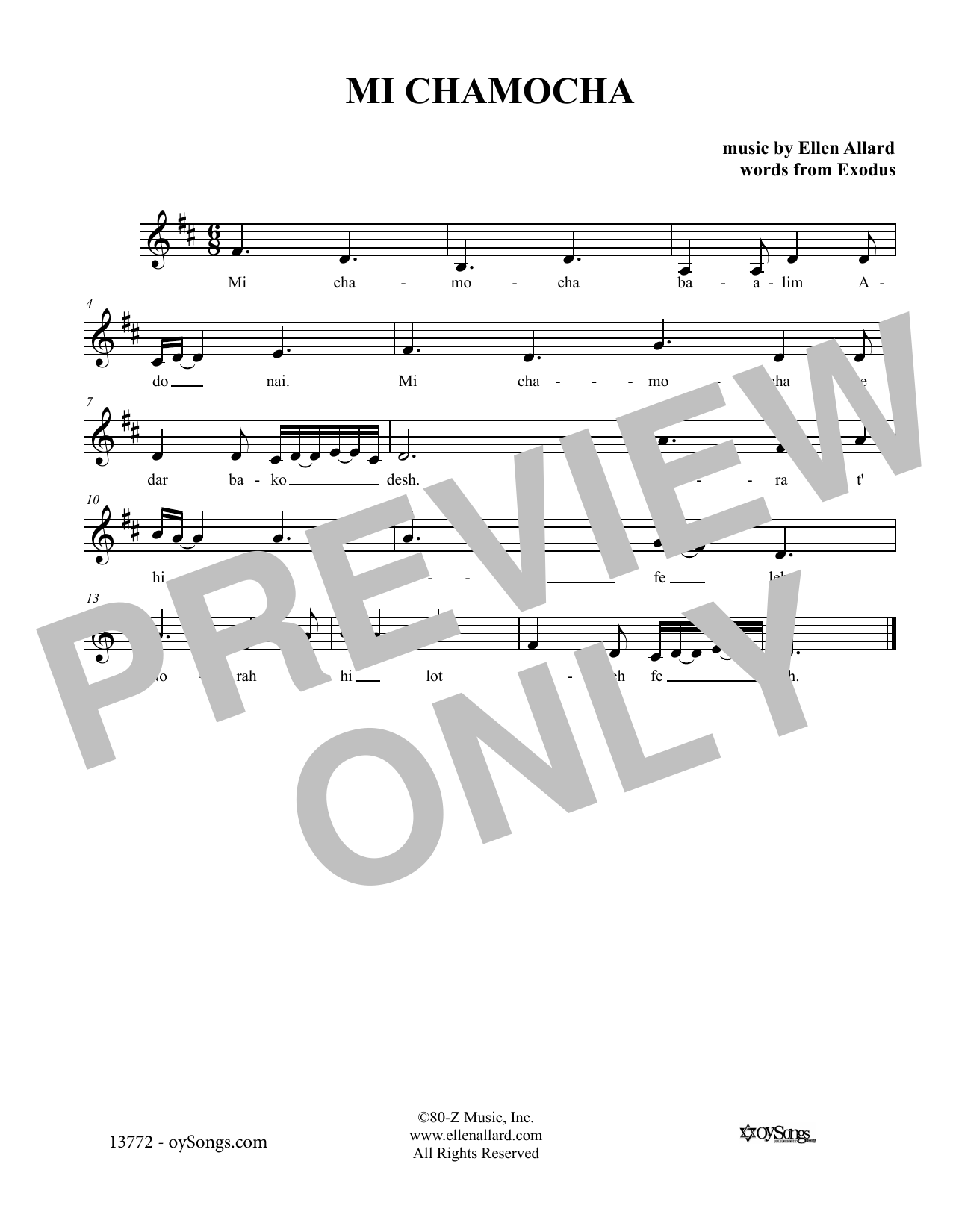 Ellen Allard Mi Chamocha sheet music notes and chords arranged for Lead Sheet / Fake Book