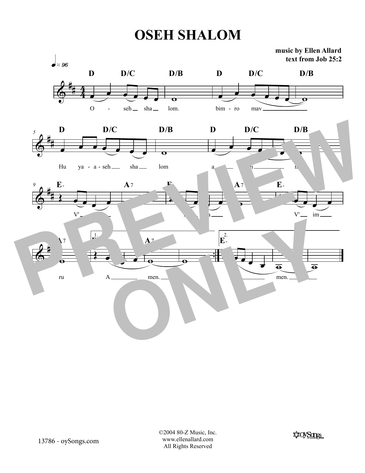 Ellen Allard Oseh Shalom sheet music notes and chords arranged for Lead Sheet / Fake Book