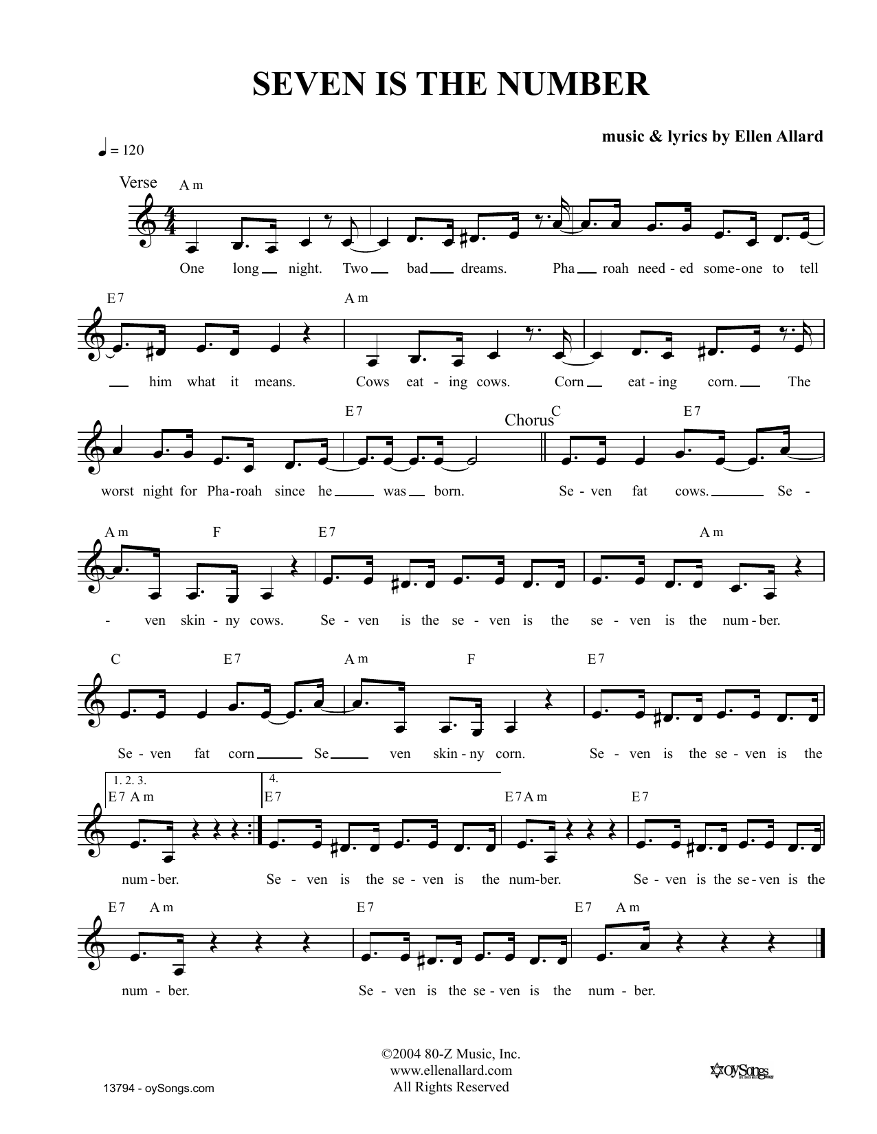 Ellen Allard Seven Is The Number sheet music notes and chords arranged for Lead Sheet / Fake Book