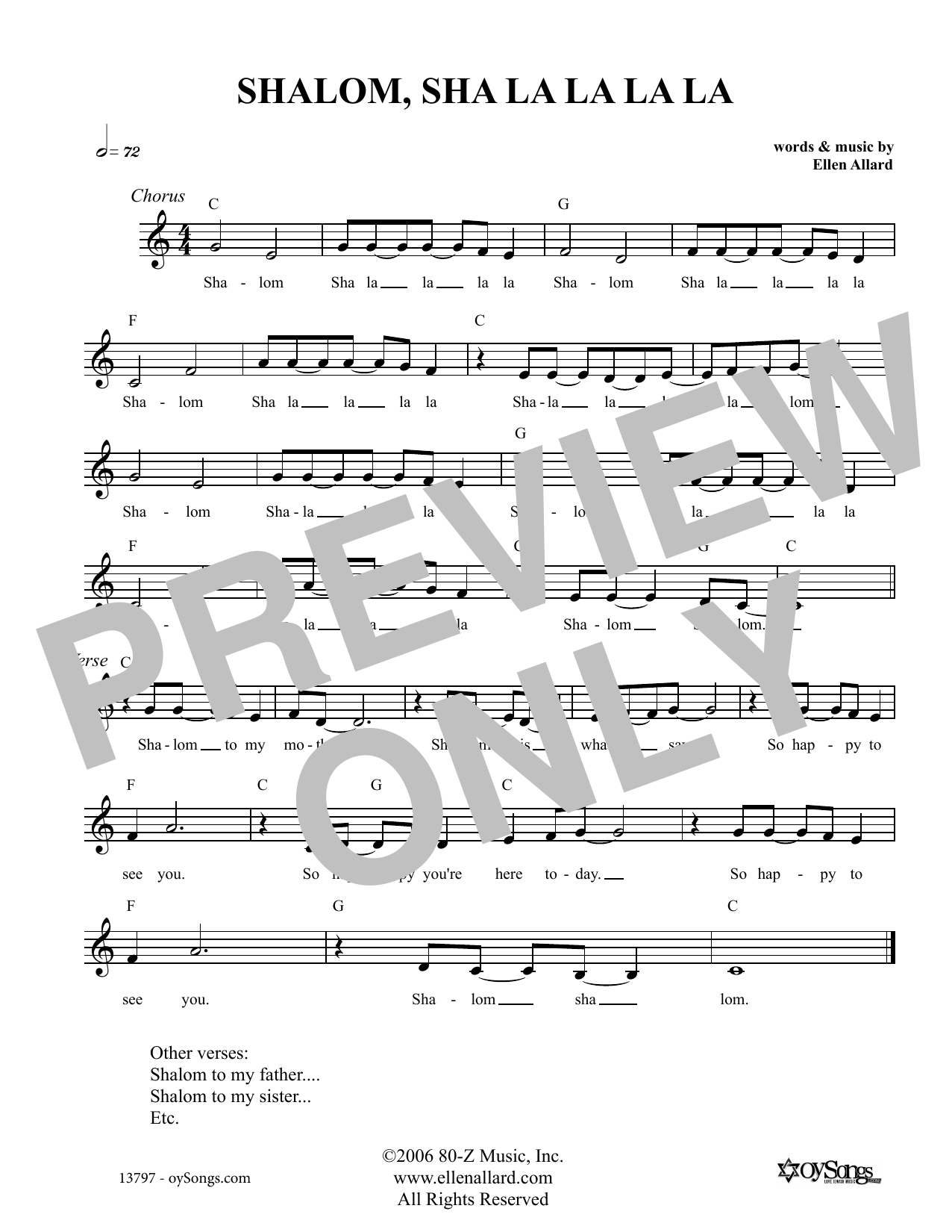 Ellen Allard Shalom Sha La La La sheet music notes and chords arranged for Lead Sheet / Fake Book