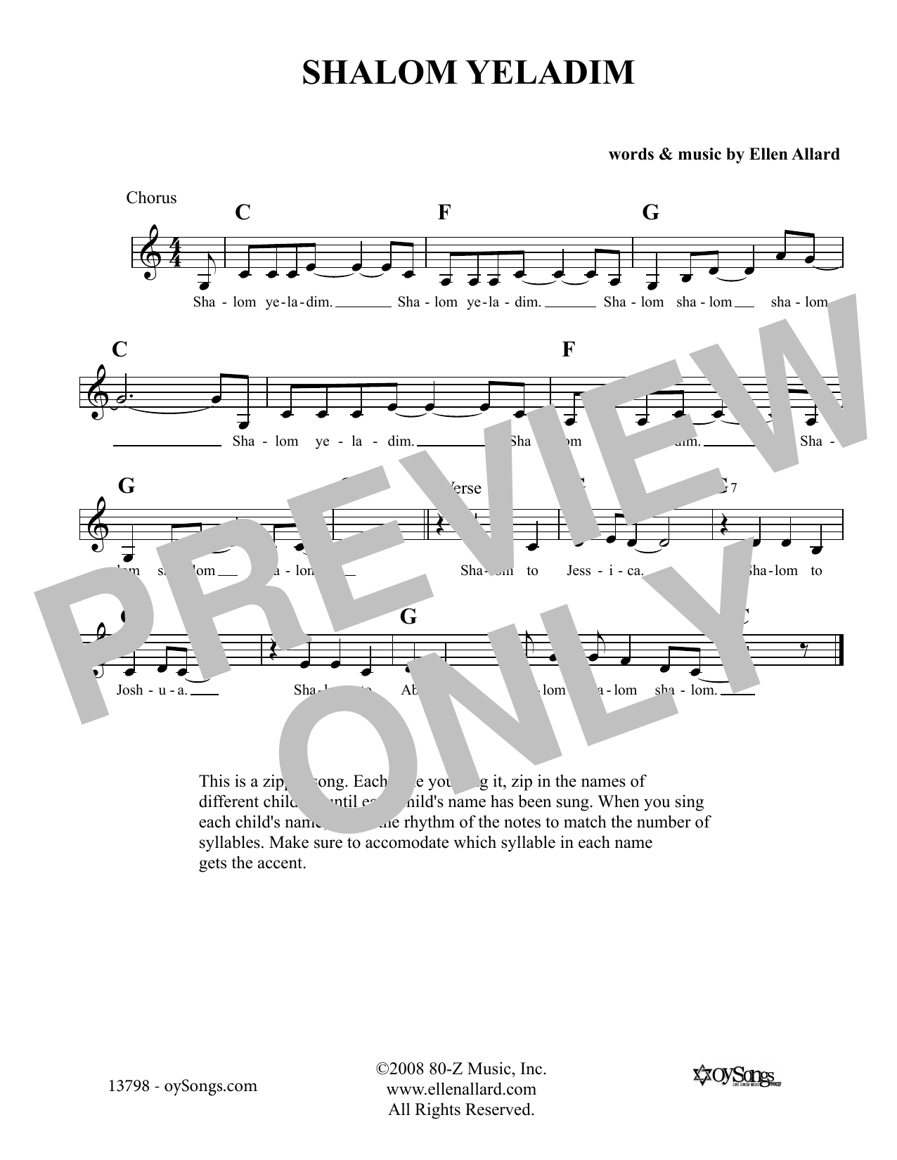 Ellen Allard Shalom Yeladim sheet music notes and chords arranged for Lead Sheet / Fake Book