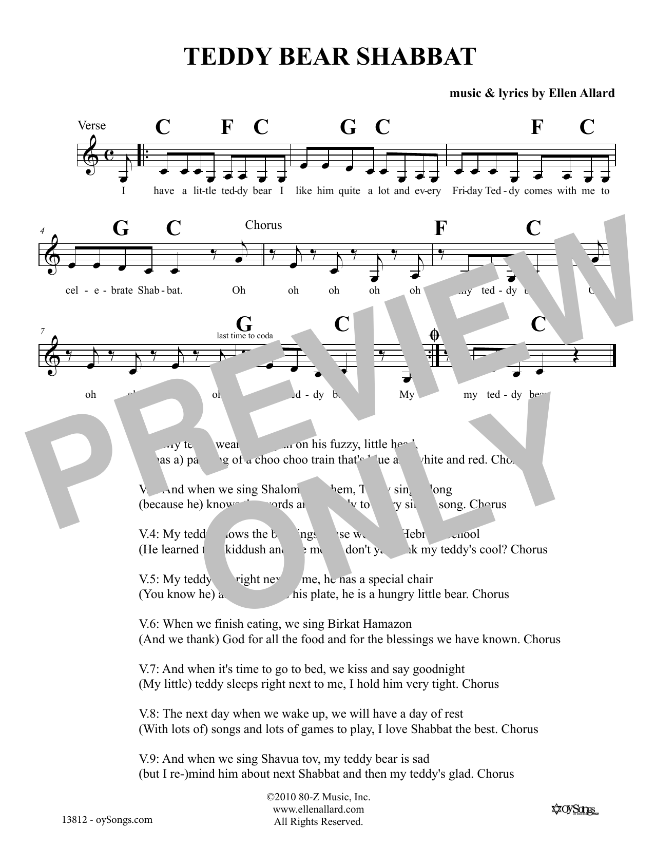 Ellen Allard Teddy Bear Shabbat sheet music notes and chords arranged for Lead Sheet / Fake Book