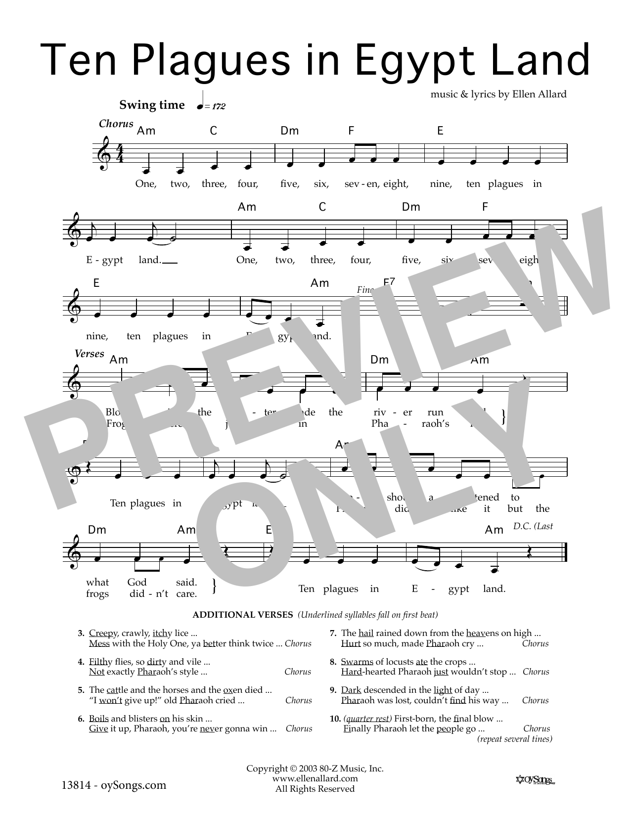 Ellen Allard Ten Plagues sheet music notes and chords arranged for Lead Sheet / Fake Book
