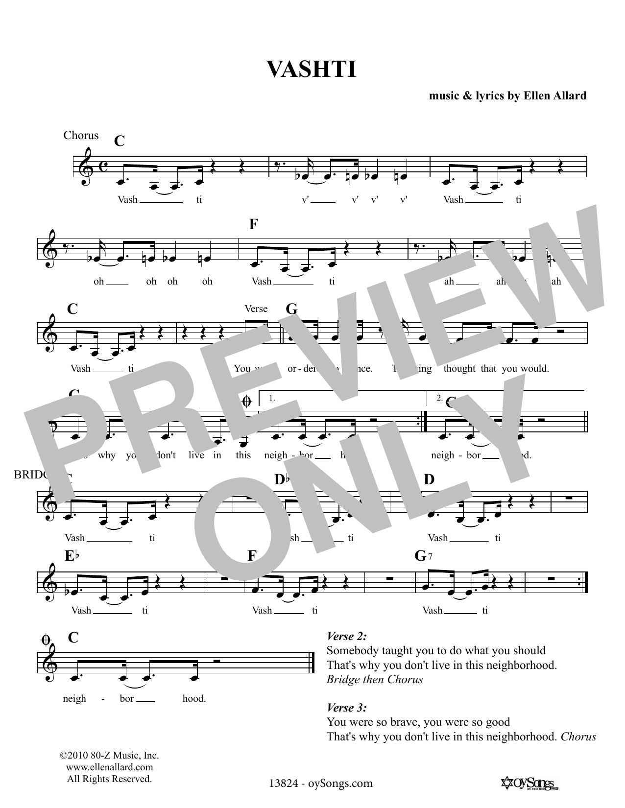 Ellen Allard Vashti sheet music notes and chords arranged for Lead Sheet / Fake Book
