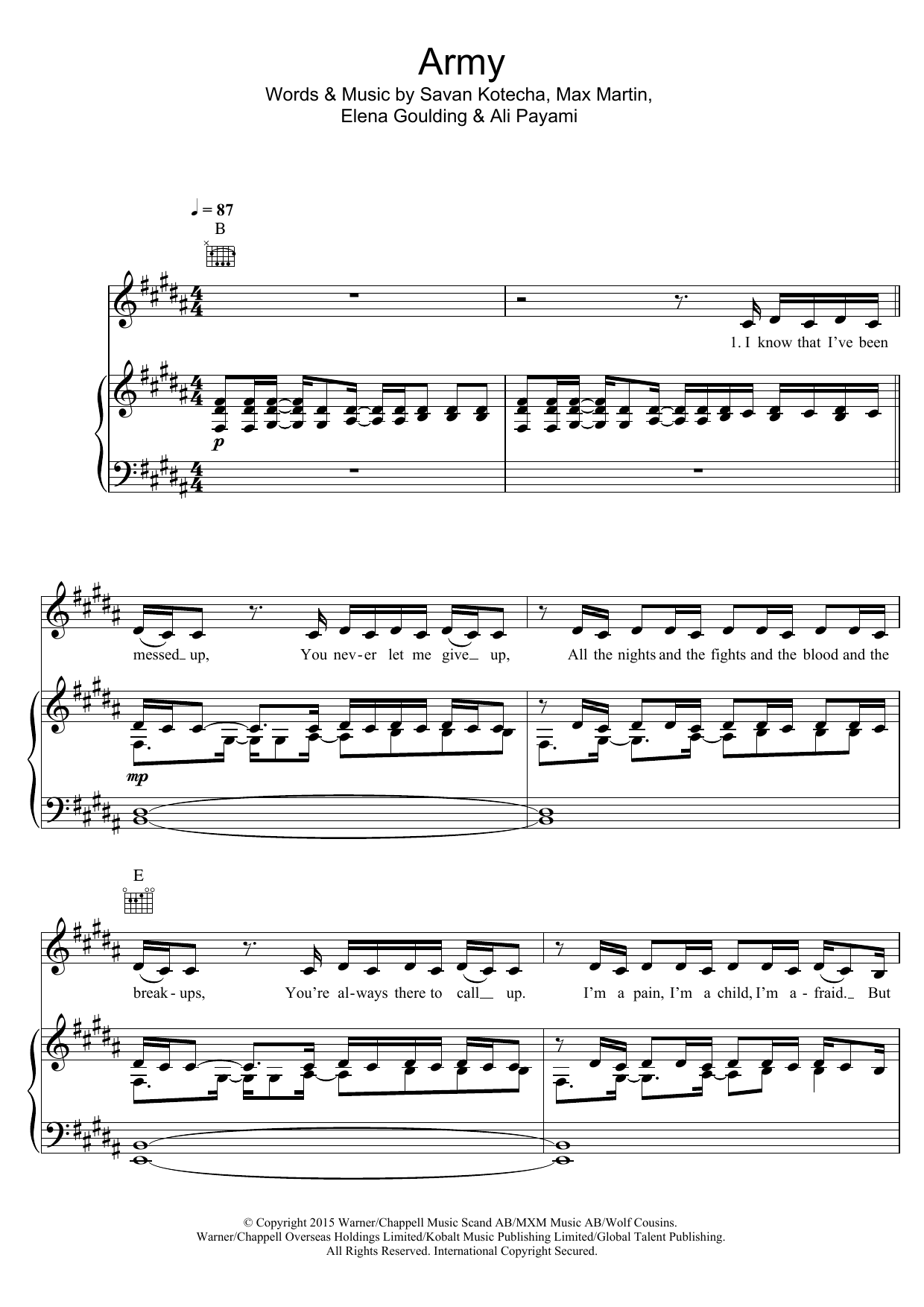 Ellie Goulding Army sheet music notes and chords arranged for Piano, Vocal & Guitar Chords (Right-Hand Melody)