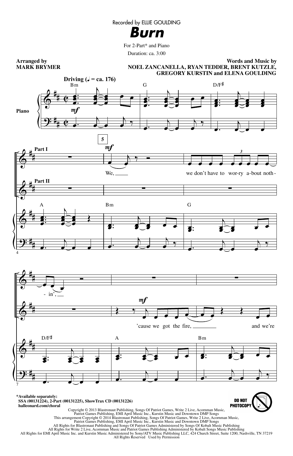 Ellie Goulding Burn (arr. Mark Brymer) sheet music notes and chords arranged for SSA Choir