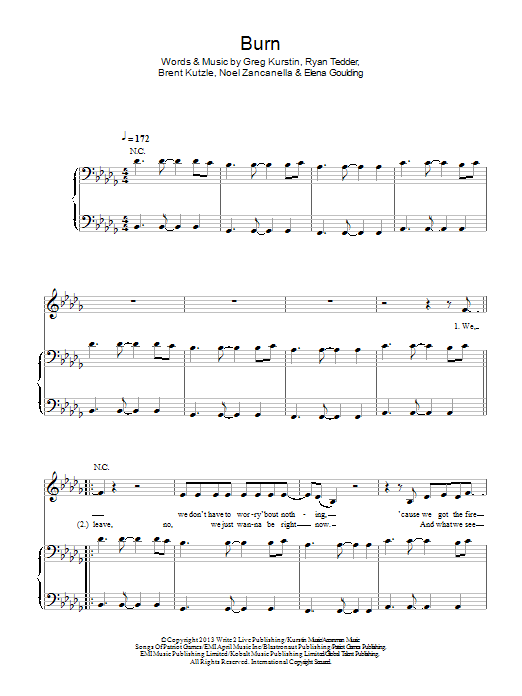 Ellie Goulding Burn sheet music notes and chords arranged for Piano, Vocal & Guitar Chords