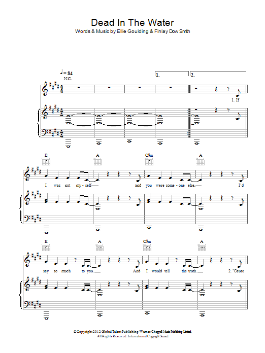 Ellie Goulding Dead In The Water sheet music notes and chords arranged for Piano, Vocal & Guitar Chords