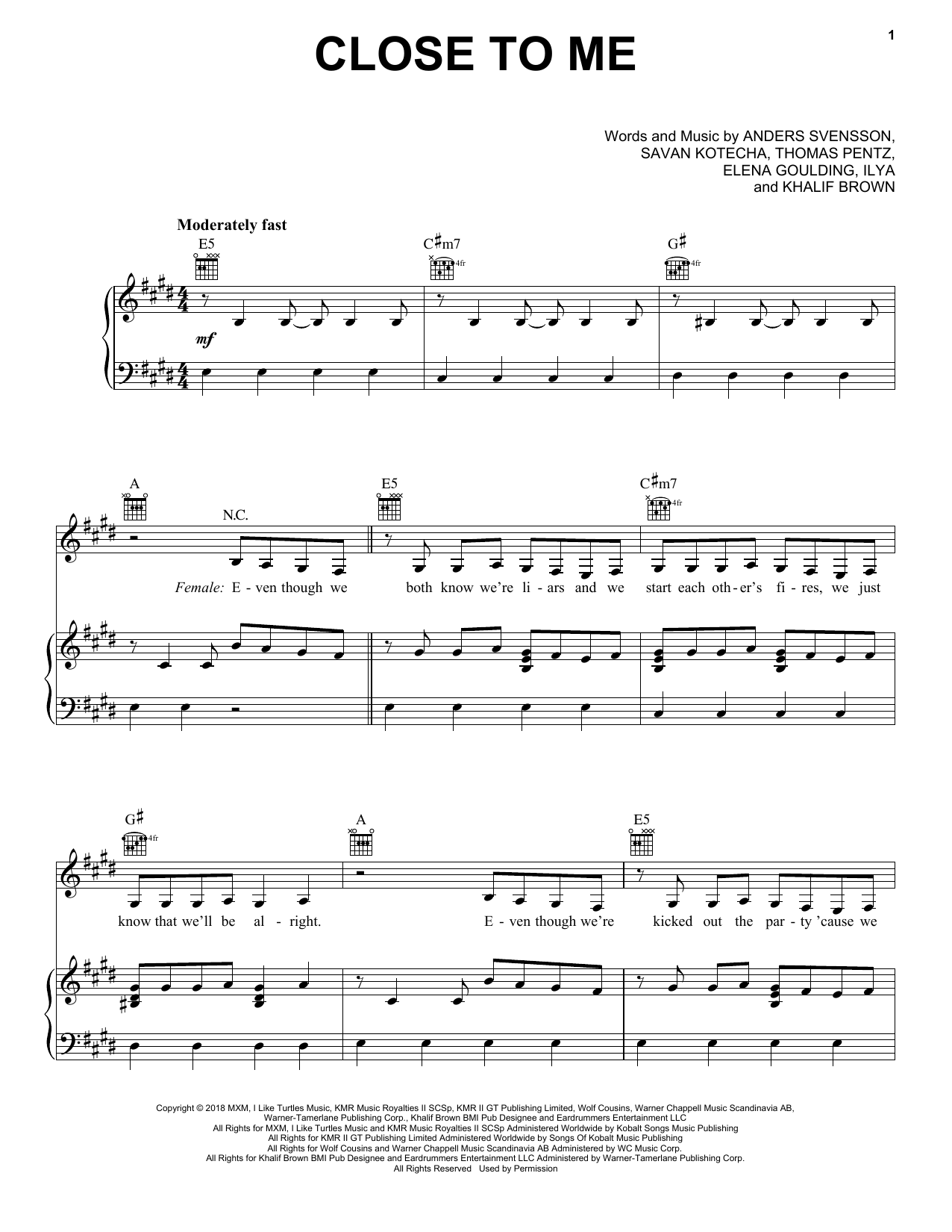 Ellie Goulding, Diplo & Swae Lee Close To Me sheet music notes and chords arranged for Easy Piano