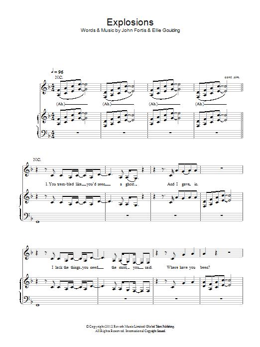 Ellie Goulding Explosions sheet music notes and chords arranged for Piano, Vocal & Guitar Chords