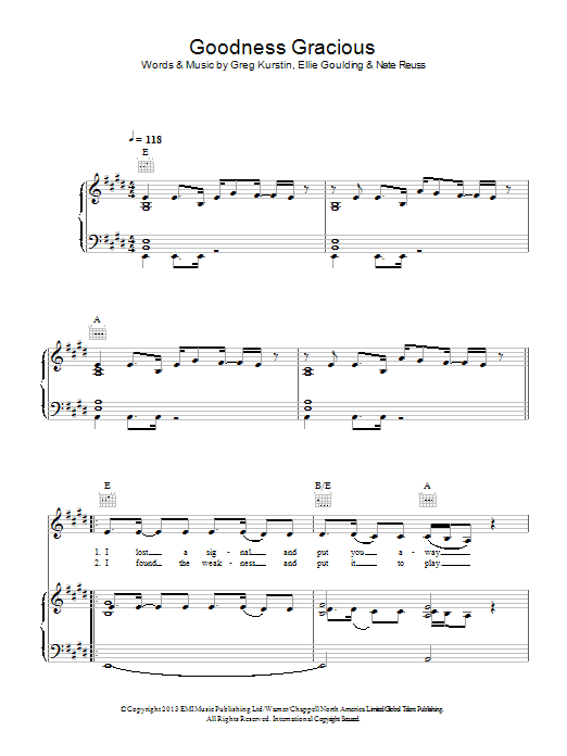 Ellie Goulding Goodness Gracious sheet music notes and chords arranged for Piano, Vocal & Guitar Chords