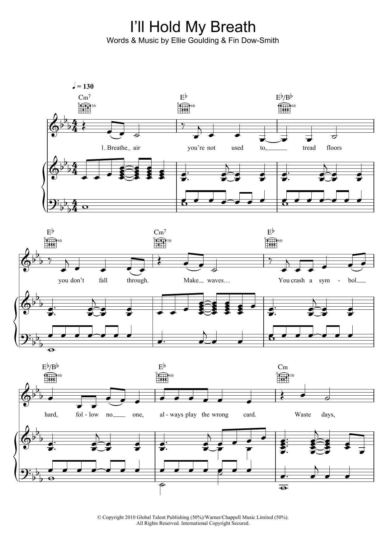 Ellie Goulding I'll Hold My Breath sheet music notes and chords arranged for Piano, Vocal & Guitar Chords